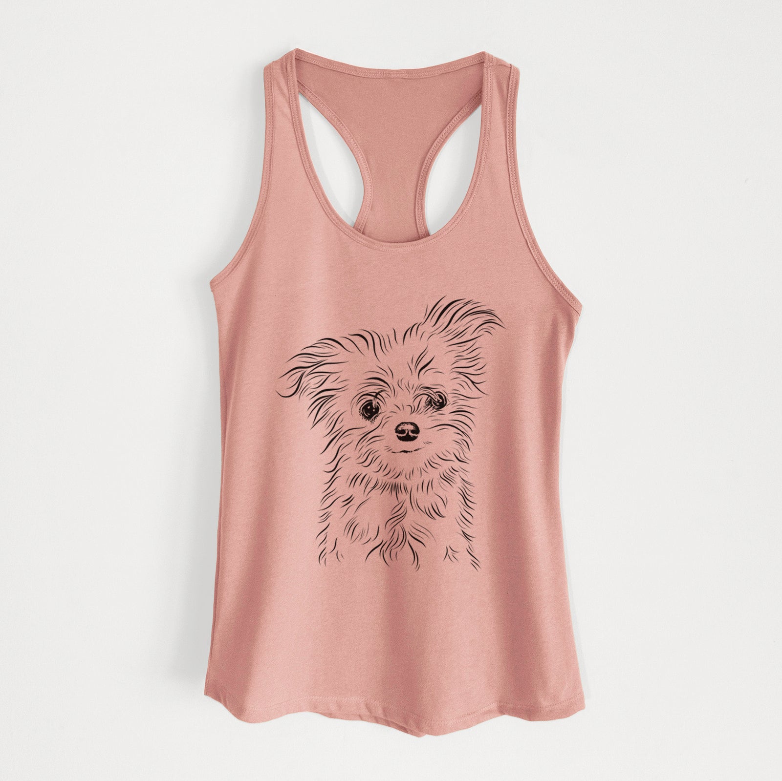 Hand-drawn sketch of Mr. Gucci Poochi the Maltese on a Desert Pink Women's racerback tanktop
