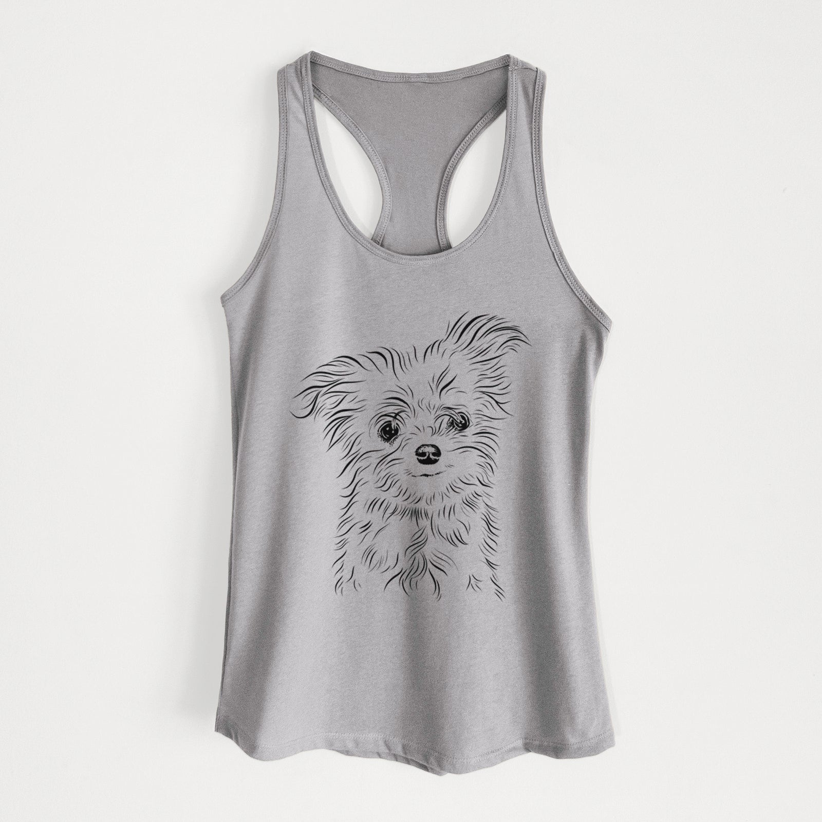 Hand-drawn sketch of Mr. Gucci Poochi the Maltese on a Heather Grey Women's racerback tanktop