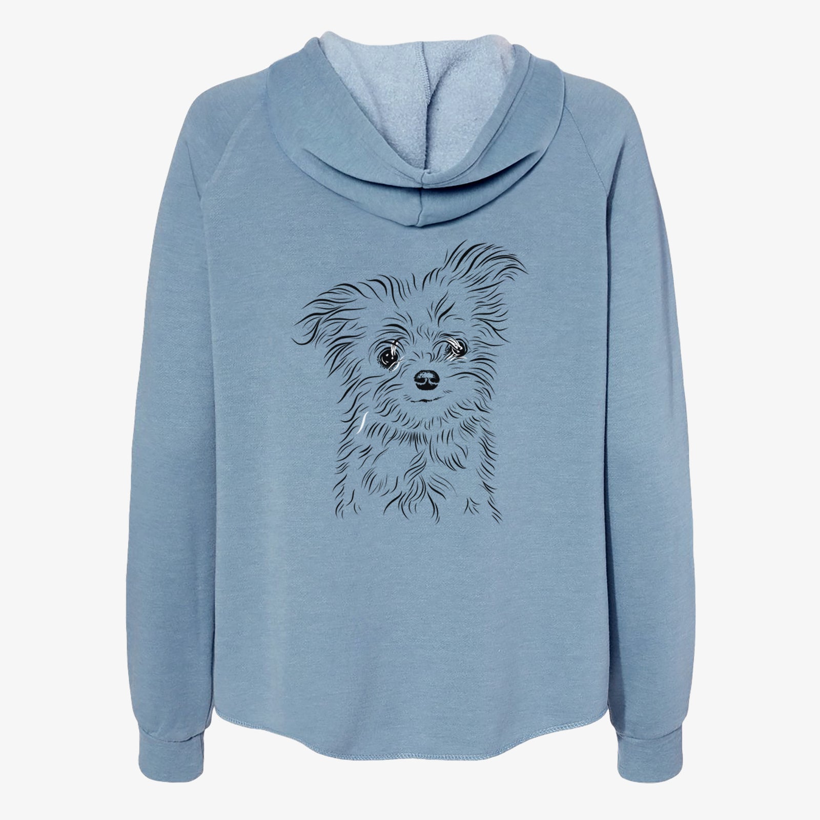 Hand-drawn sketch of Mr. Gucci Poochi the Maltese on a Misty Blue Women's cali wave zip-up sweatshirt