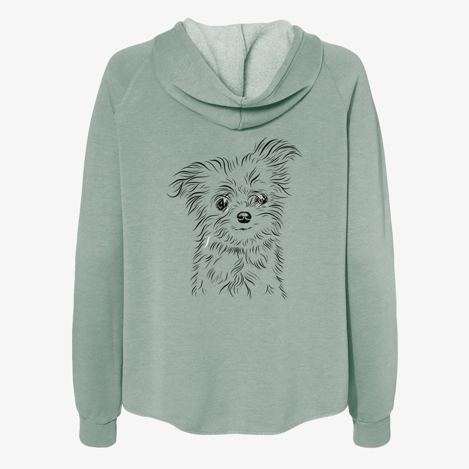 Hand-drawn sketch of Mr. Gucci Poochi the Maltese on a Sage Women's cali wave zip-up sweatshirt