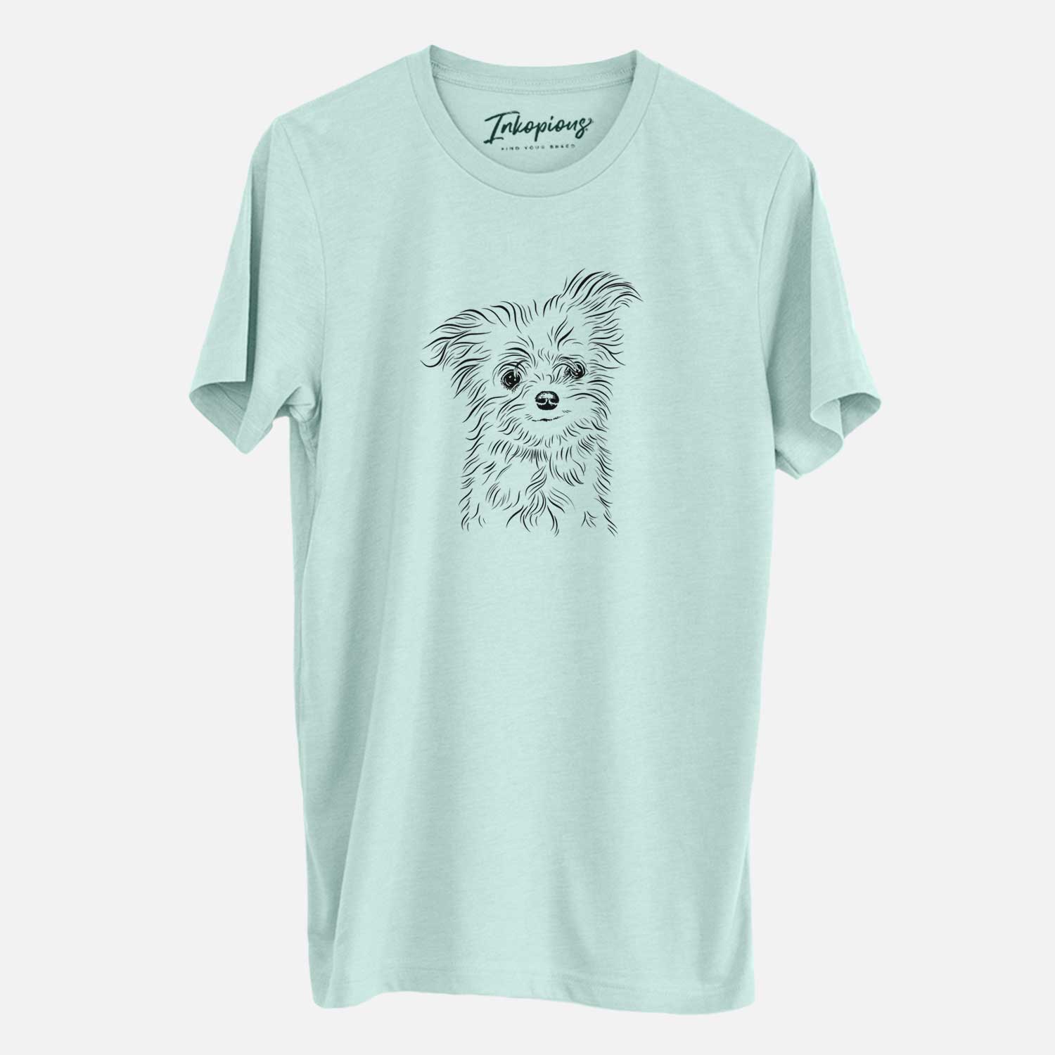 Hand-drawn sketch of Mr. Gucci Poochi the Maltese on a Heather Sage Unisex crewneck