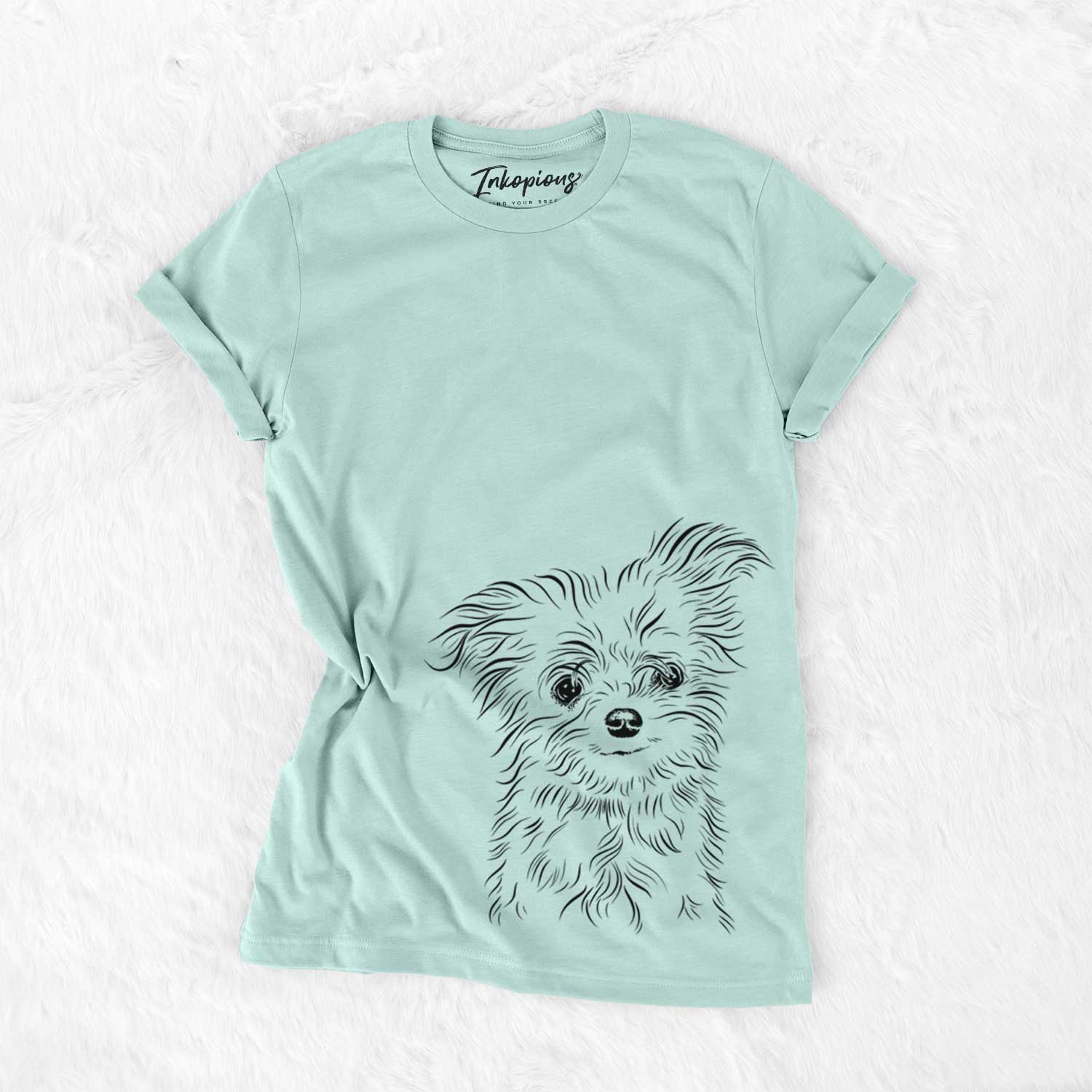 Hand-drawn sketch of Mr. Gucci Poochi the Maltese on a Heather Sage Unisex crewneck