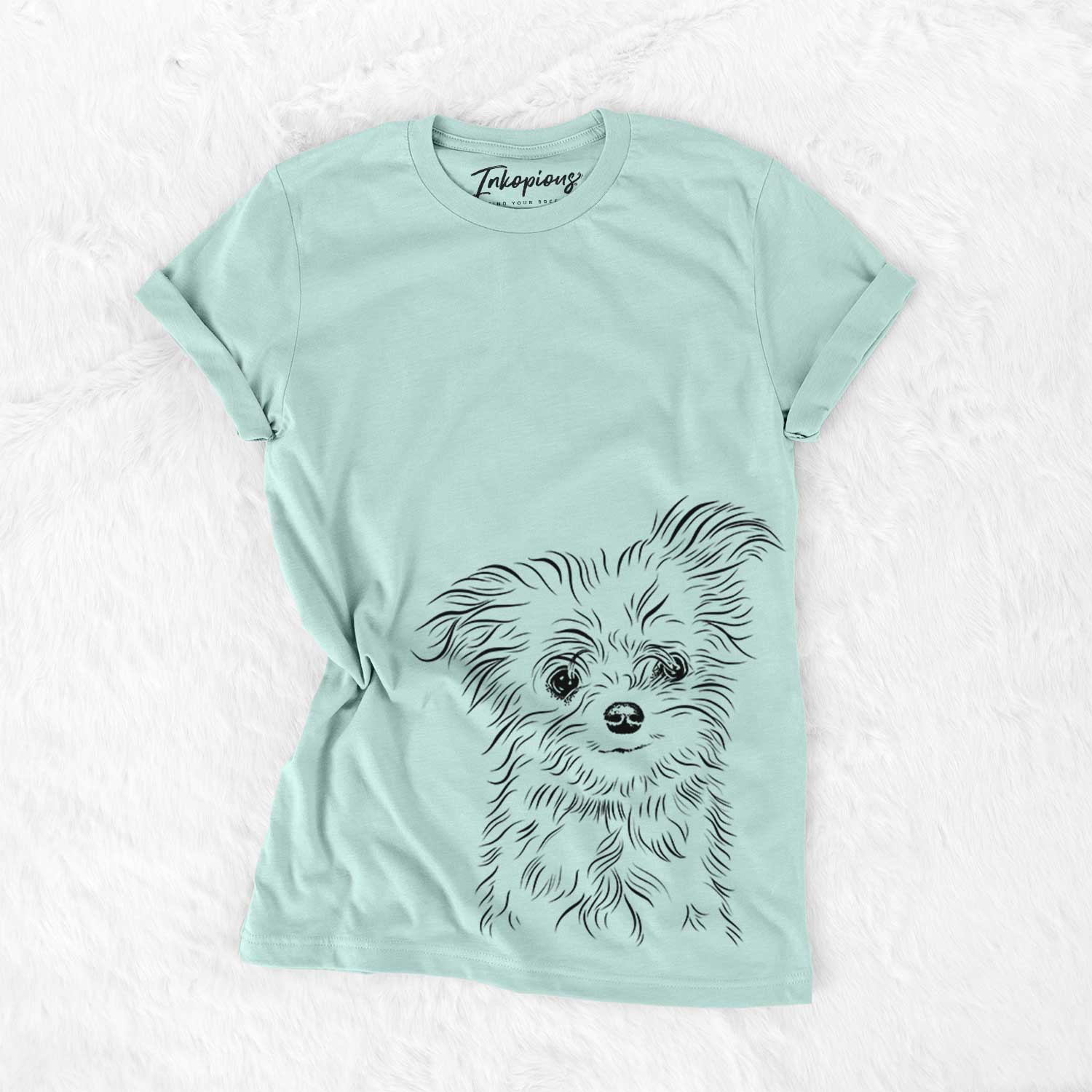 Hand-drawn sketch of Mr. Gucci Poochie the Maltese on a Heather Sage Bella Canvas Unisex Crewneck
