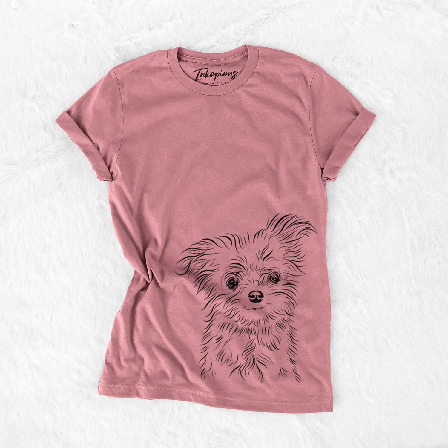 Hand-drawn sketch of Mr. Gucci Poochi the Maltese on a Mauve Unisex crewneck