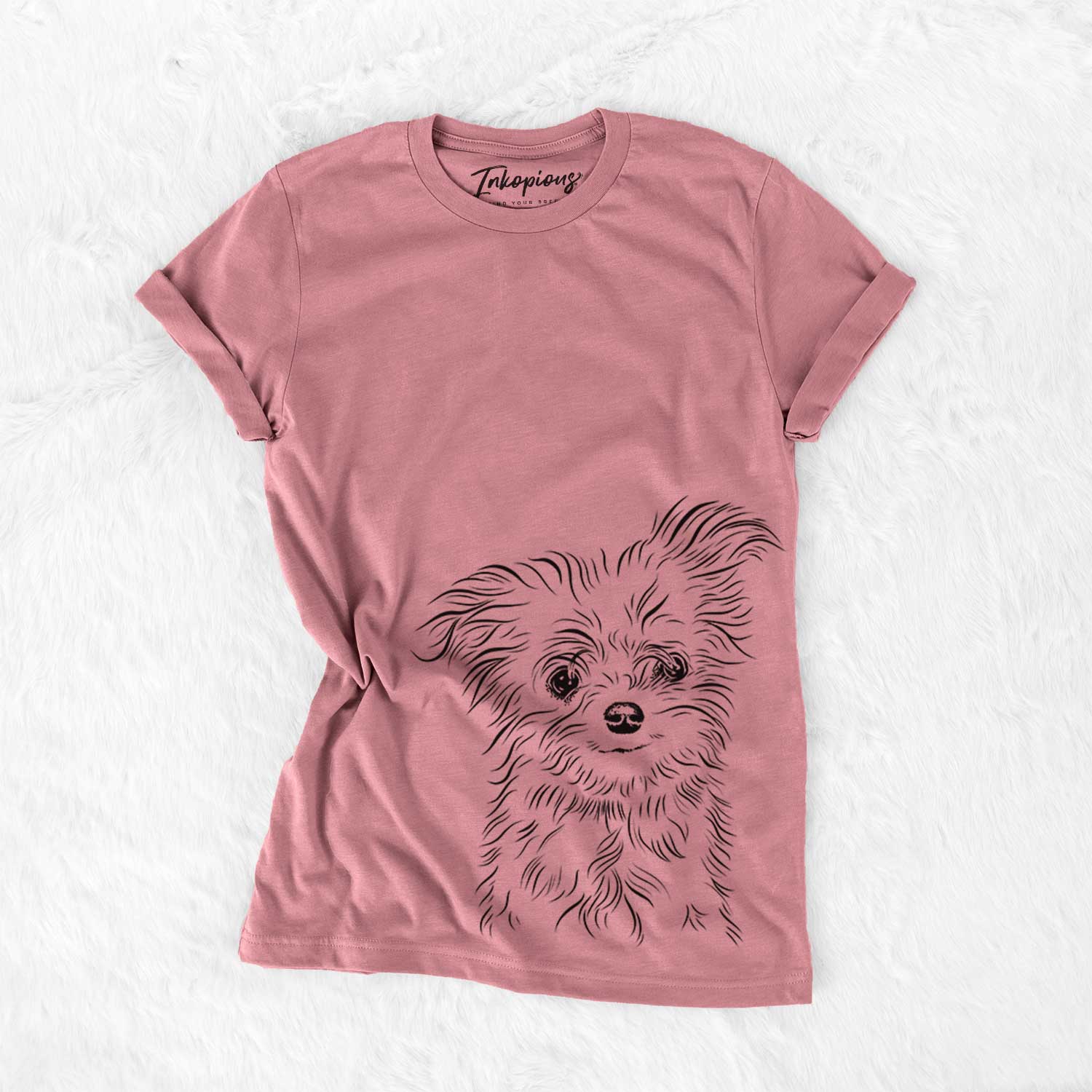 Hand-drawn sketch of Mr. Gucci Poochie the Maltese on a Mauve Bella Canvas Unisex Crewneck