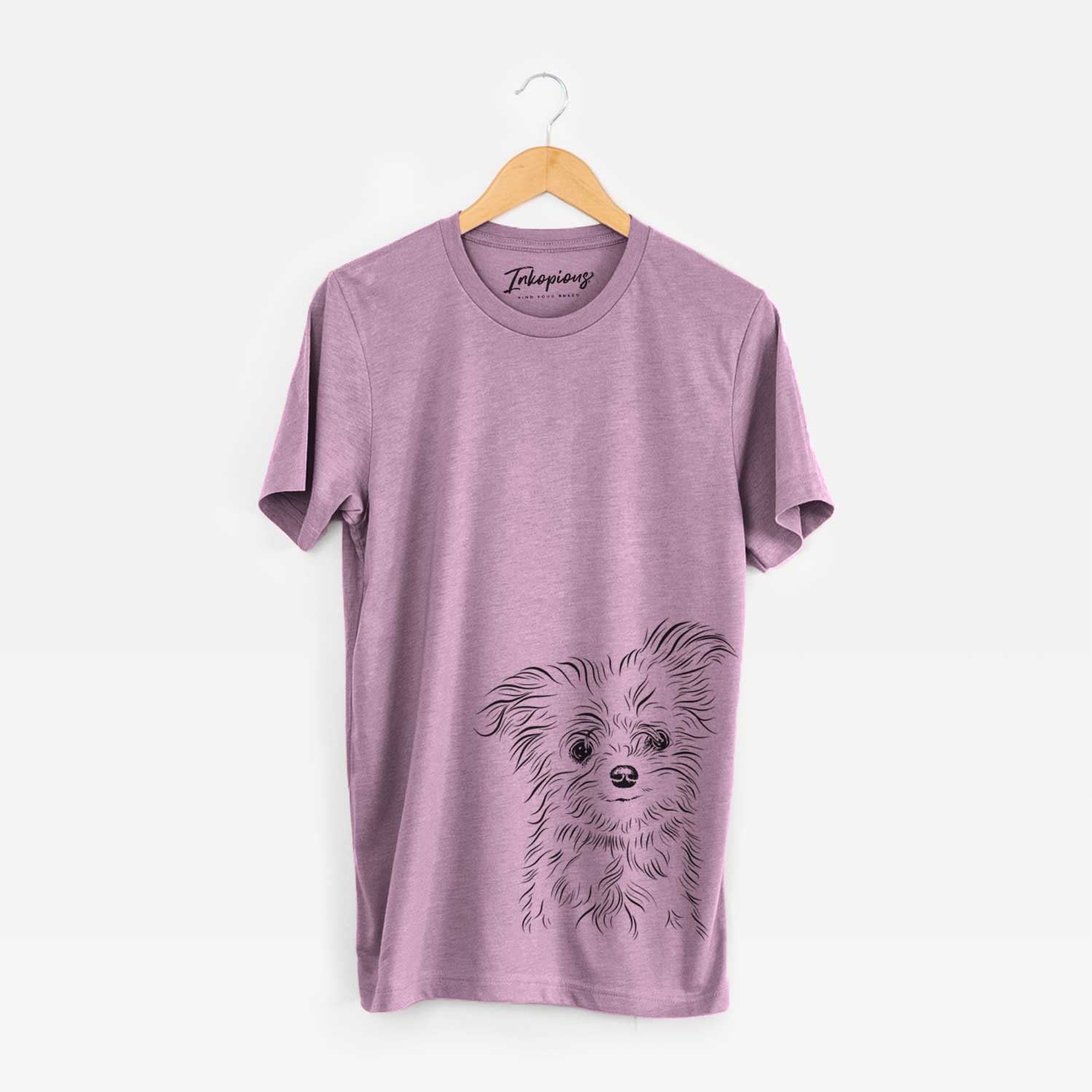 Hand-drawn sketch of Mr. Gucci Poochi the Maltese on an Orchid Unisex crewneck