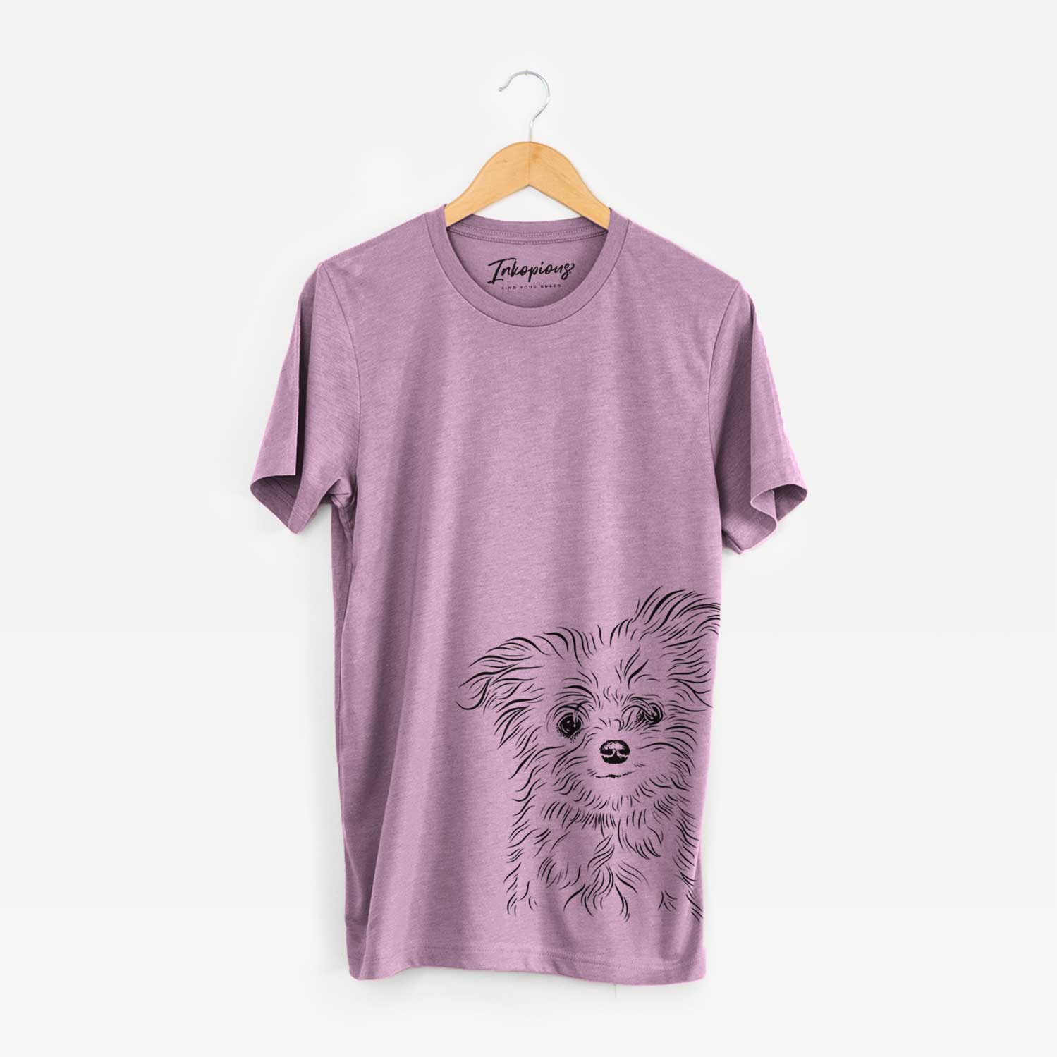 Hand-drawn sketch of Mr. Gucci Poochie the Maltese on an Orchid Bella Canvas Unisex Crewneck