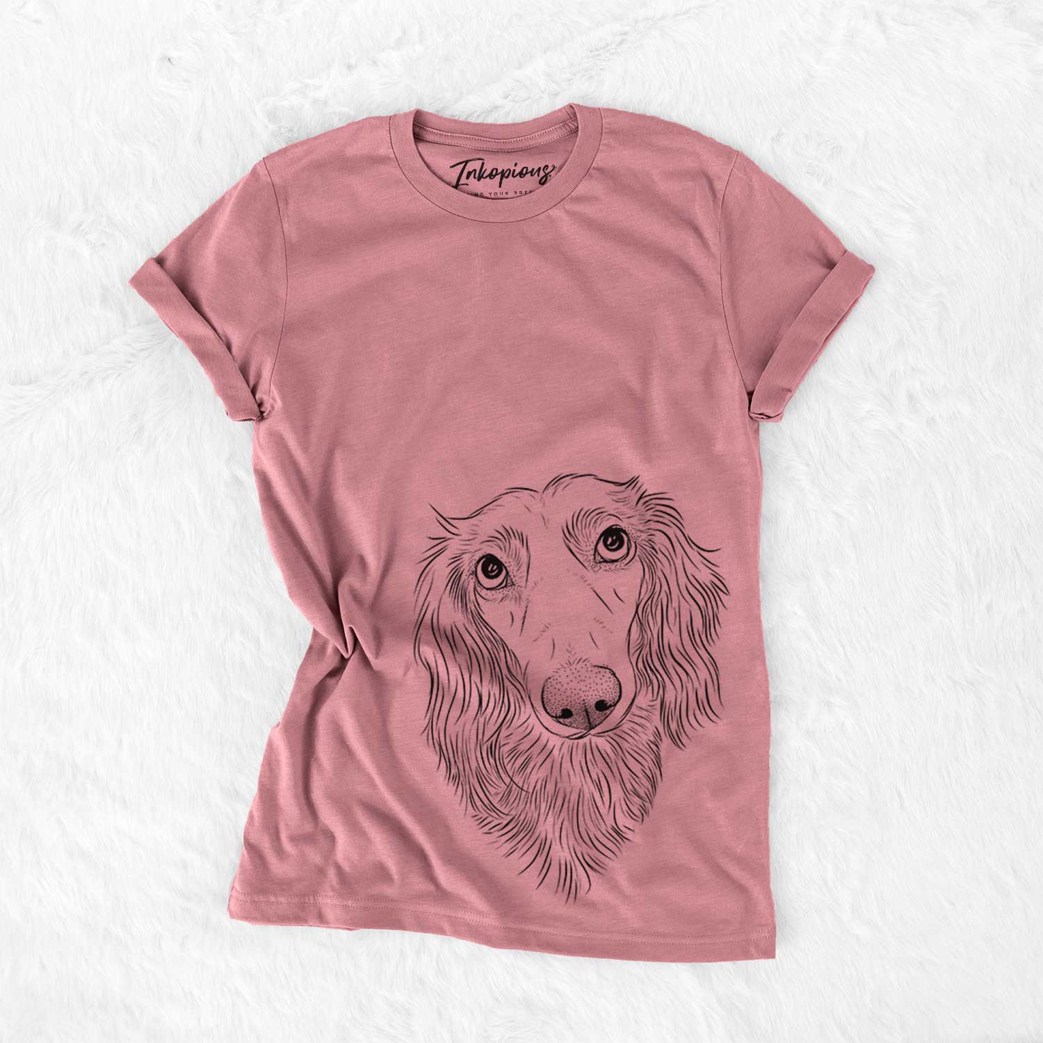 Hand-drawn sketch of Mr. Rusty the Long Haired Dachshund on a Mauve Bella Canvas Unisex Crewneck