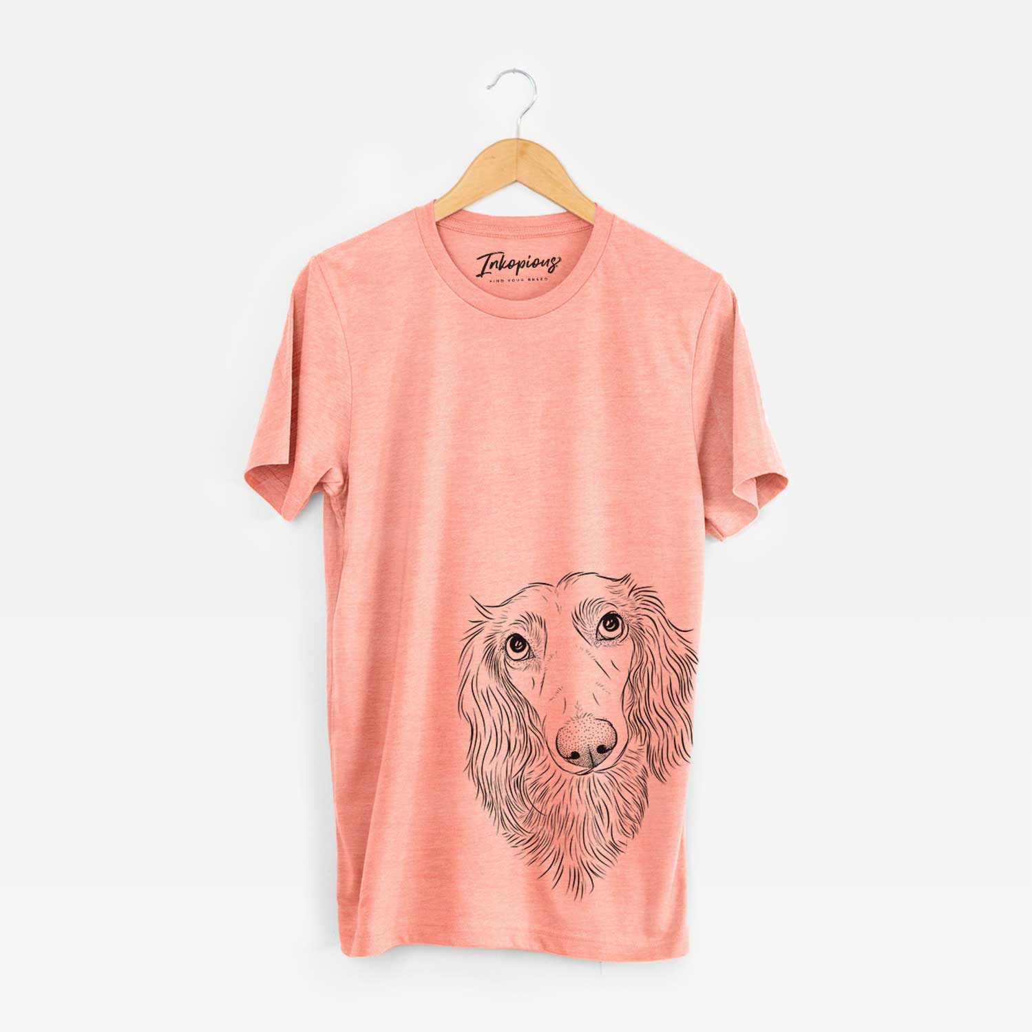Hand-drawn sketch of Mr. Rusty the Long Haired Dachshund on a Sunset Bella Canvas Unisex Crewneck