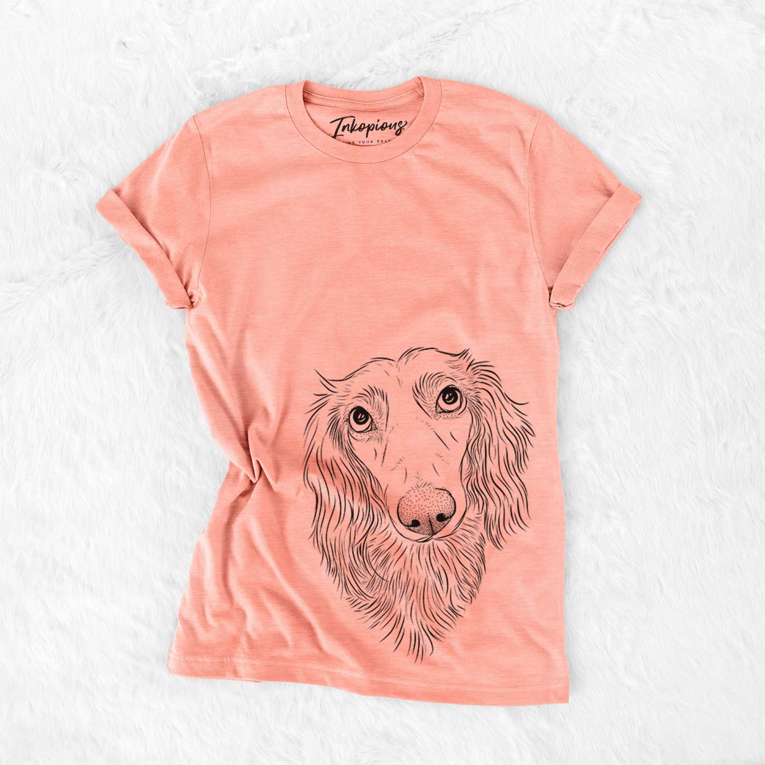 Hand-drawn sketch of Mr. Rusty the Long Haired Dachshund on a Sunset Bella Canvas Unisex Crewneck