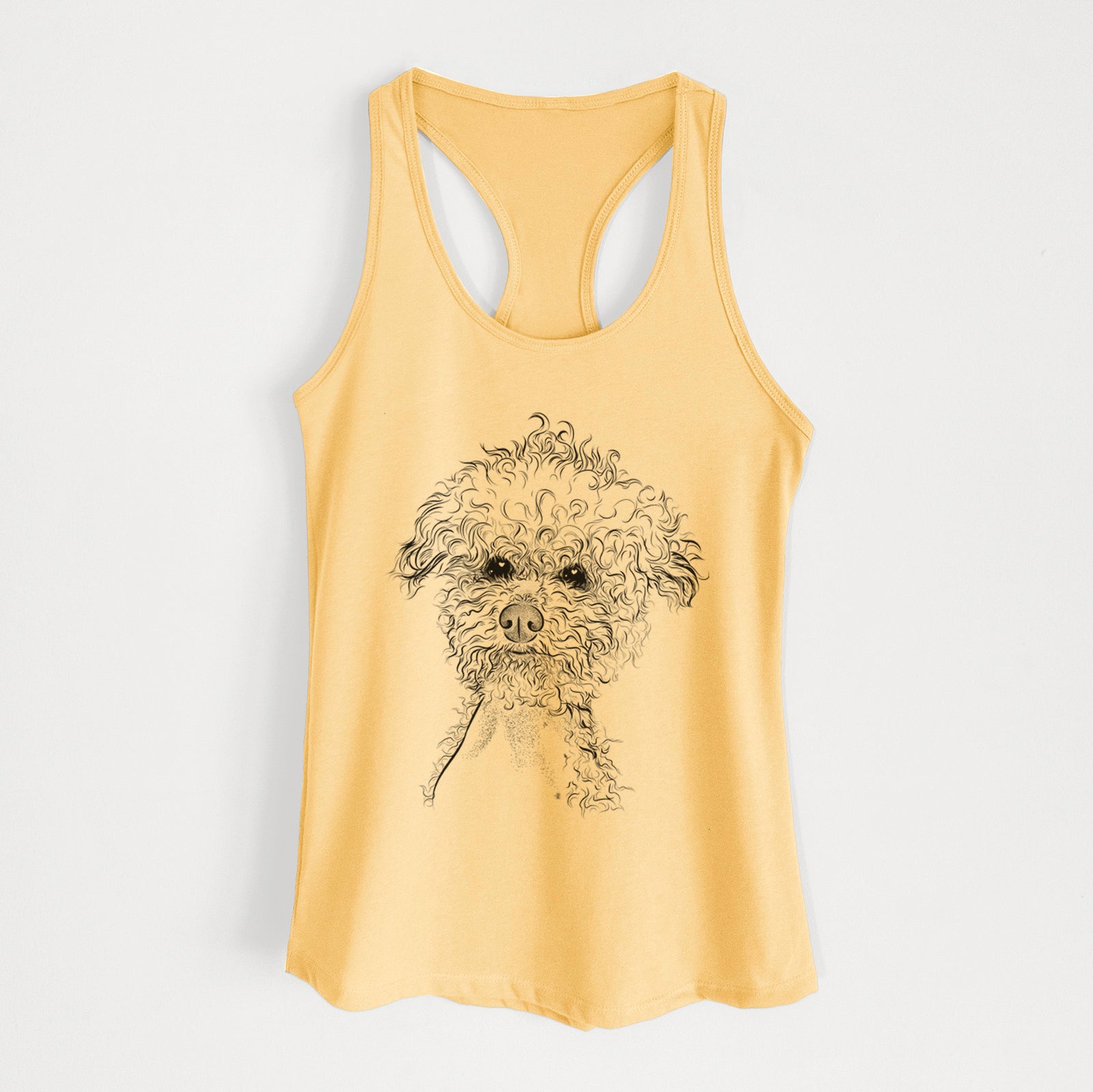 Hand-drawn sketch of Muffin the Poodle on a Banana Cream Women's racerback tanktop