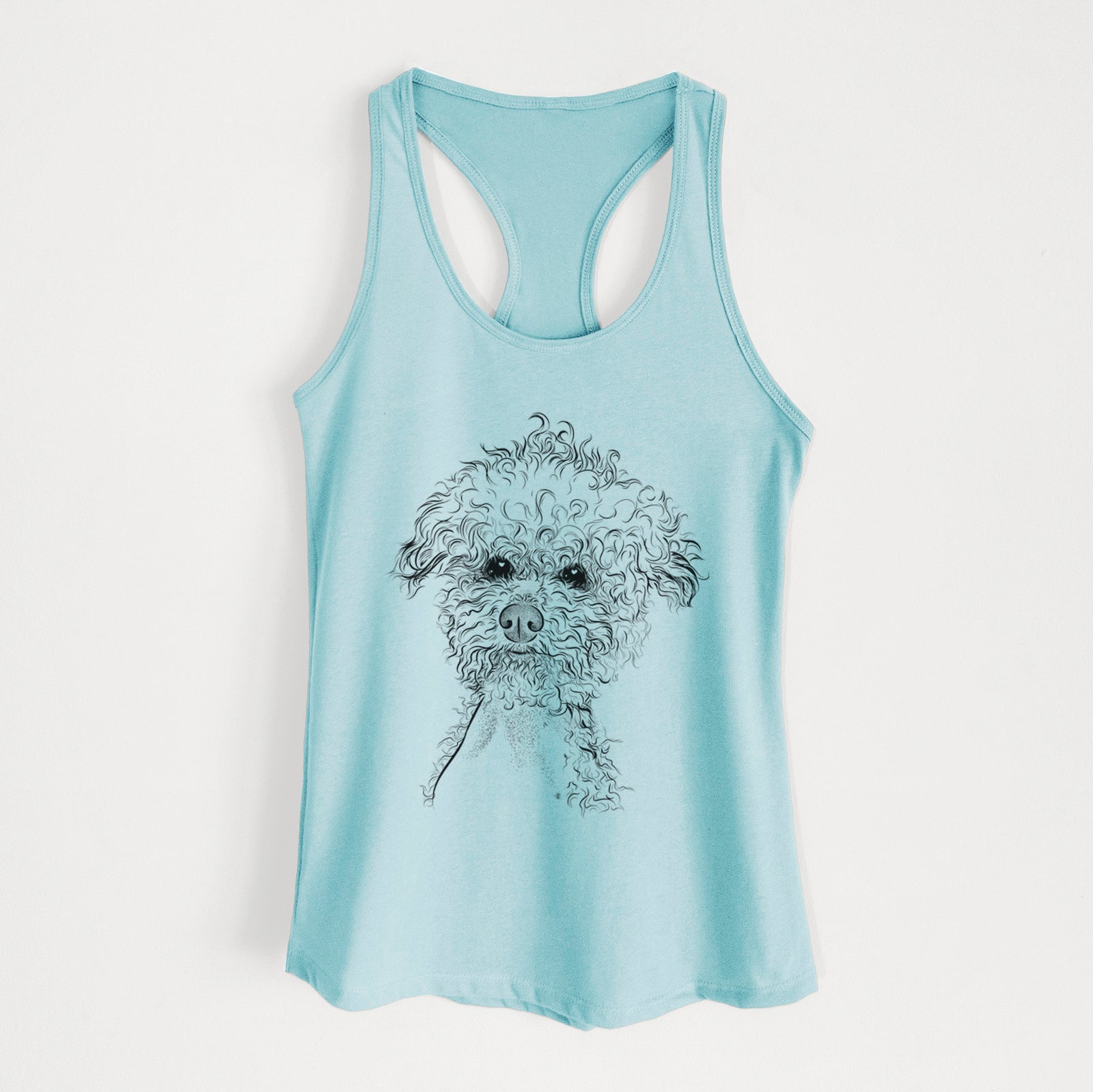 Hand-drawn sketch of Muffin the Poodle on a Cancun Blue Women's racerback tanktop