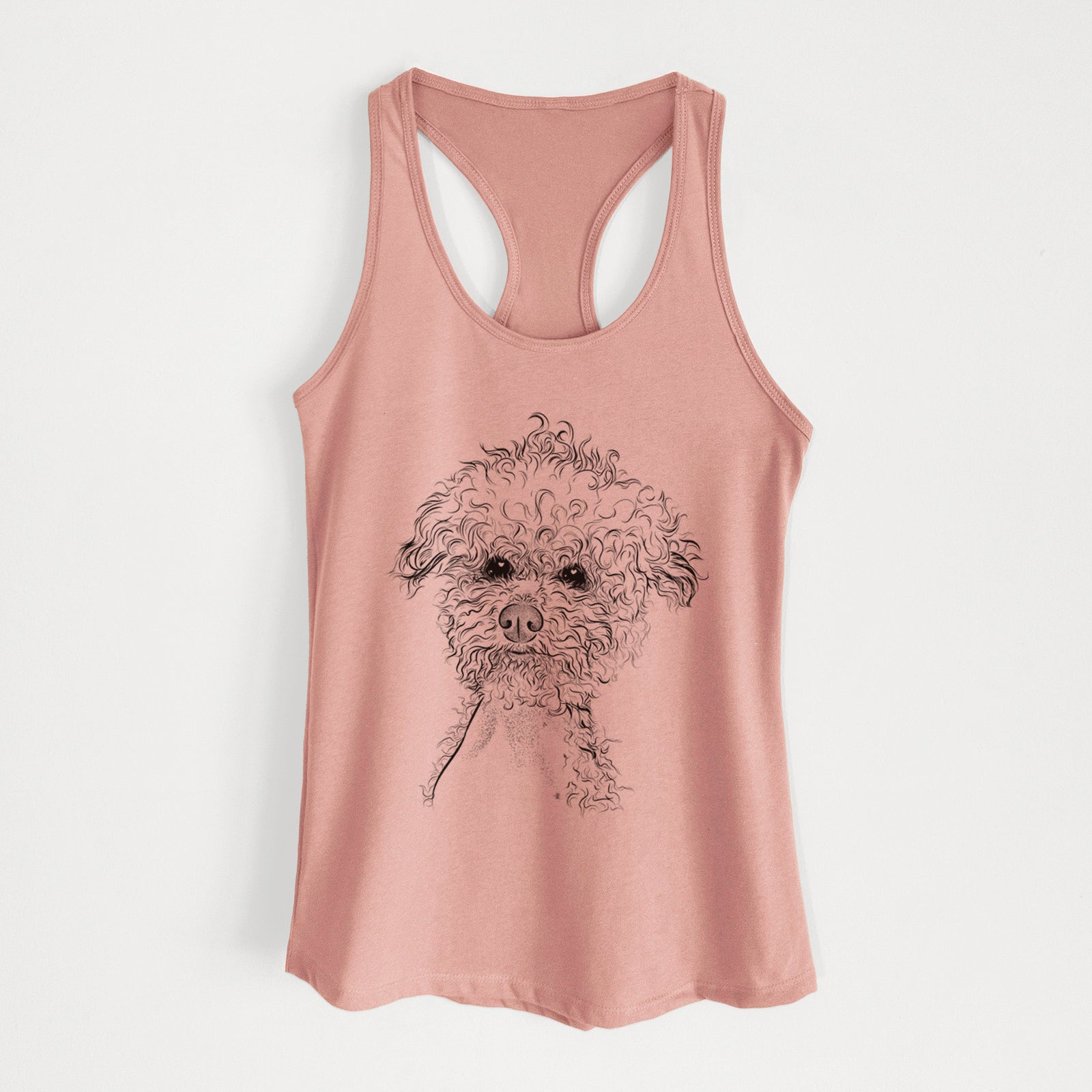 Hand-drawn sketch of Muffin the Poodle on a Desert Pink Women's racerback tanktop