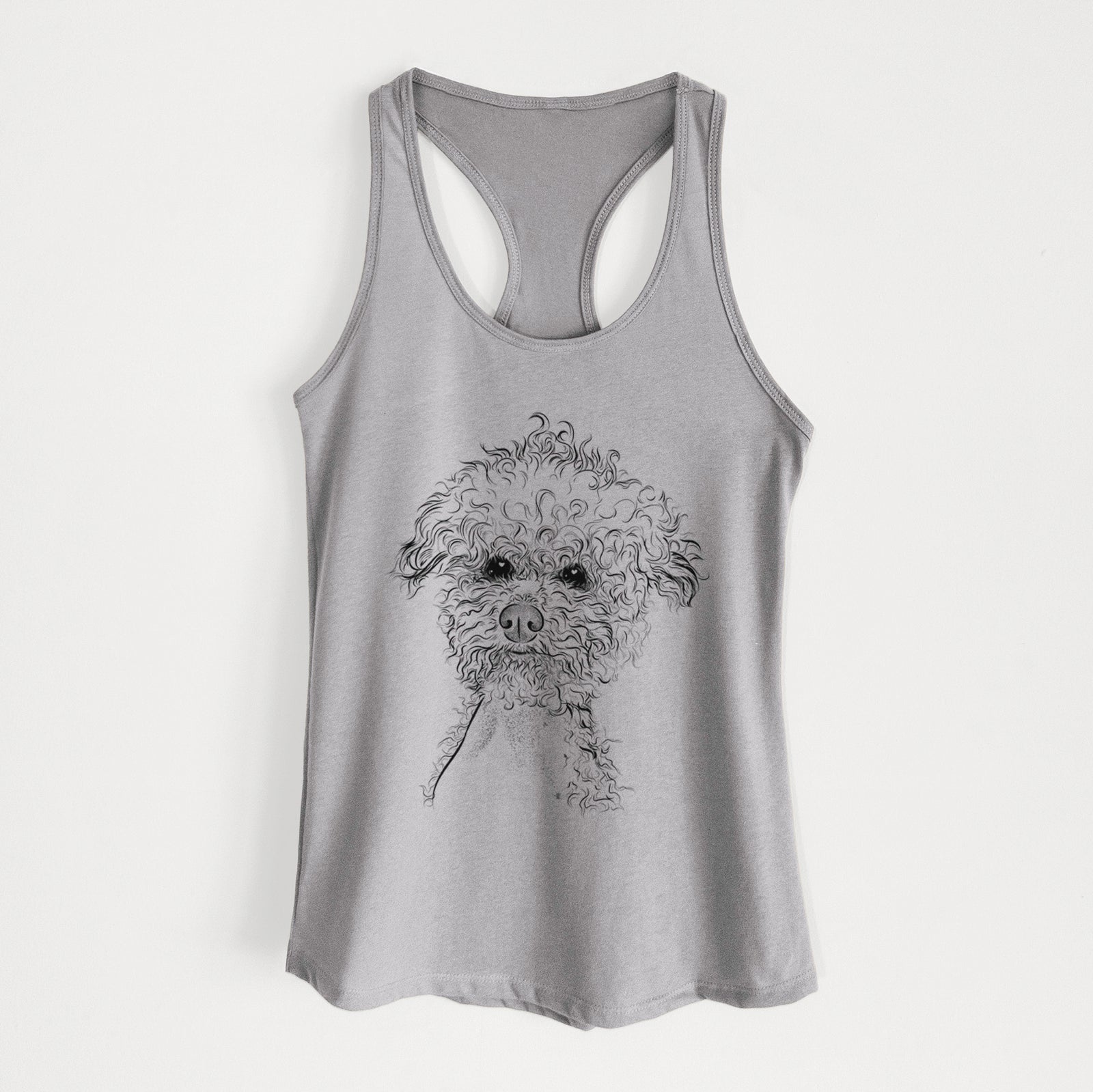 Hand-drawn sketch of Muffin the Poodle on a Heather Grey Women's racerback tanktop