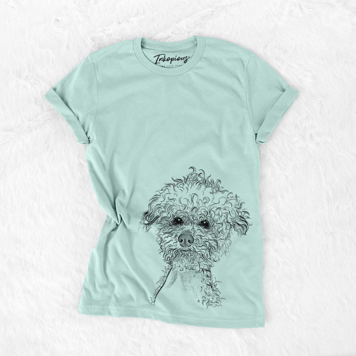 Hand-drawn sketch of Muffin the Poodle on a Heather Sage Unisex crewneck