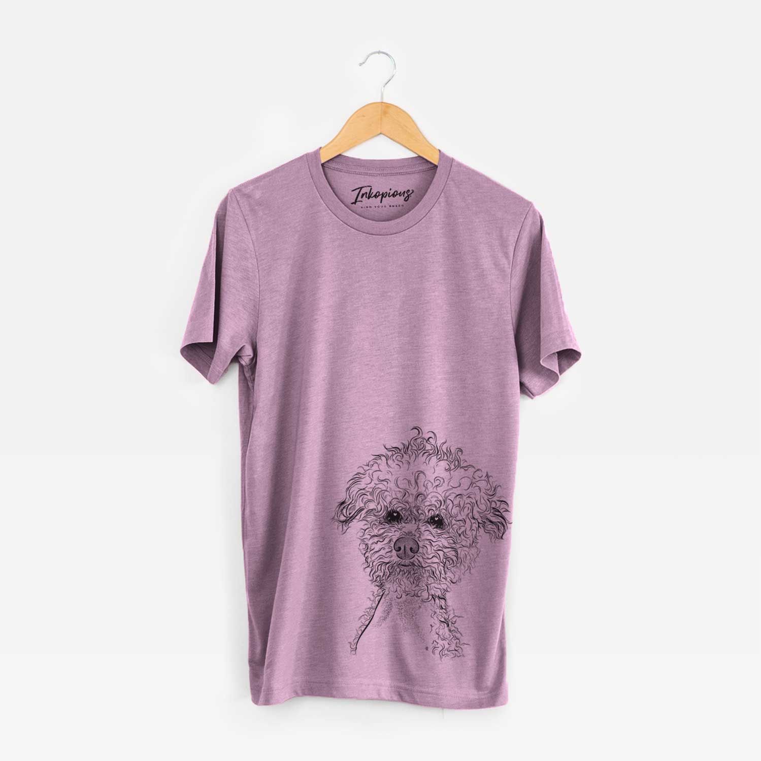 Hand-drawn sketch of Muffin the Poodle on an Orchid Unisex crewneck