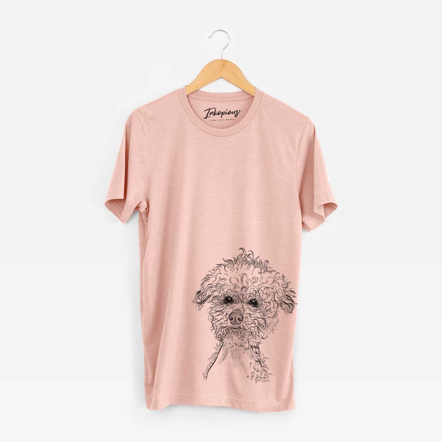 Hand-drawn sketch of Muffin the Poodle on a Peach Unisex crewneck