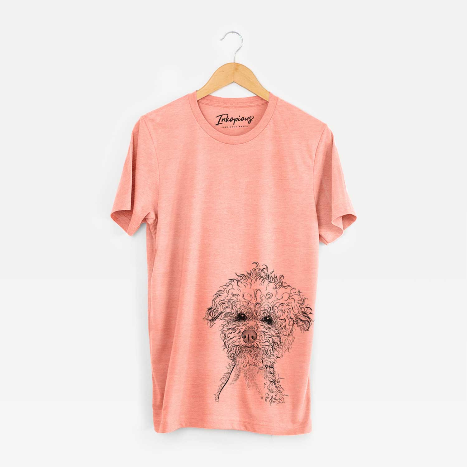 Hand-drawn sketch of Muffin the Poodle on a Sunset Unisex crewneck