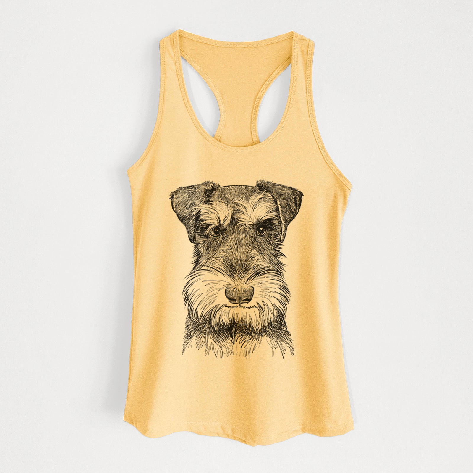 Hand-drawn sketch of Murphy the Mini Schnauzer on a Banana Cream Women's racerback tanktop