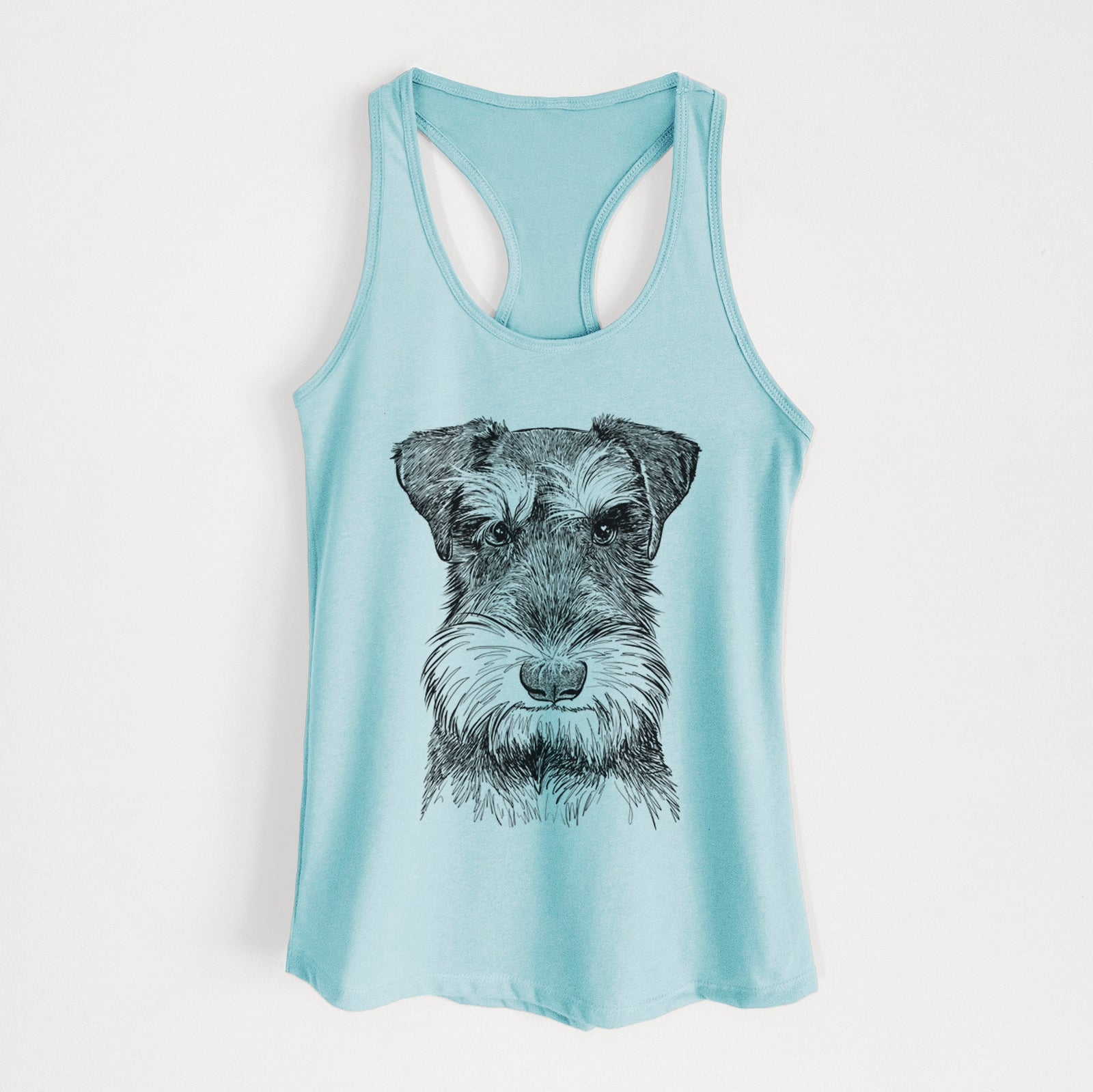 Hand-drawn sketch of Murphy the Mini Schnauzer on a Cancun Blue Women's racerback tanktop