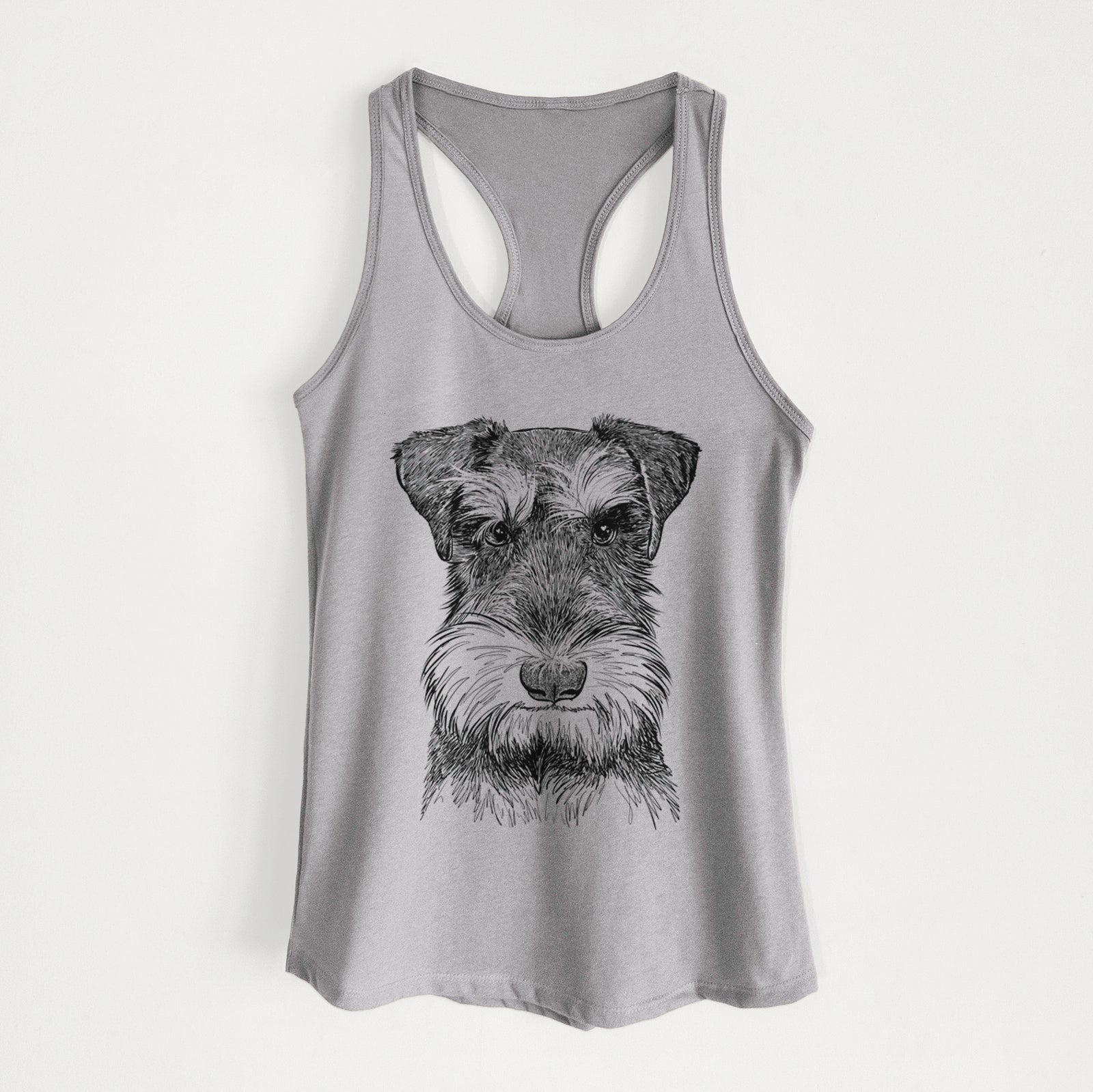 Hand-drawn sketch of Murphy the Mini Schnauzer on a Heather Grey Women's racerback tanktop