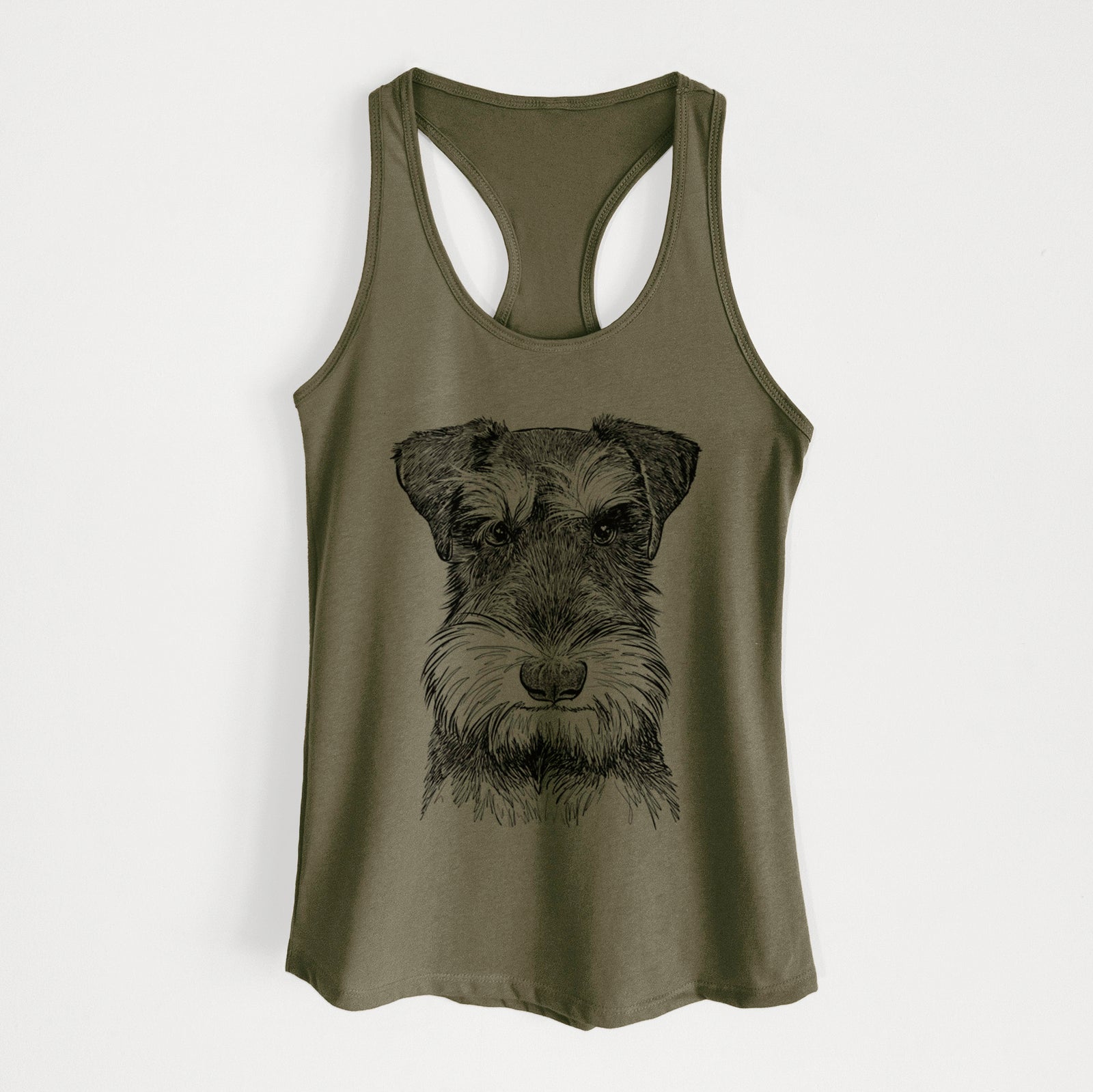 Hand-drawn sketch of Murphy the Mini Schnauzer on a Military Green Women's racerback tanktop