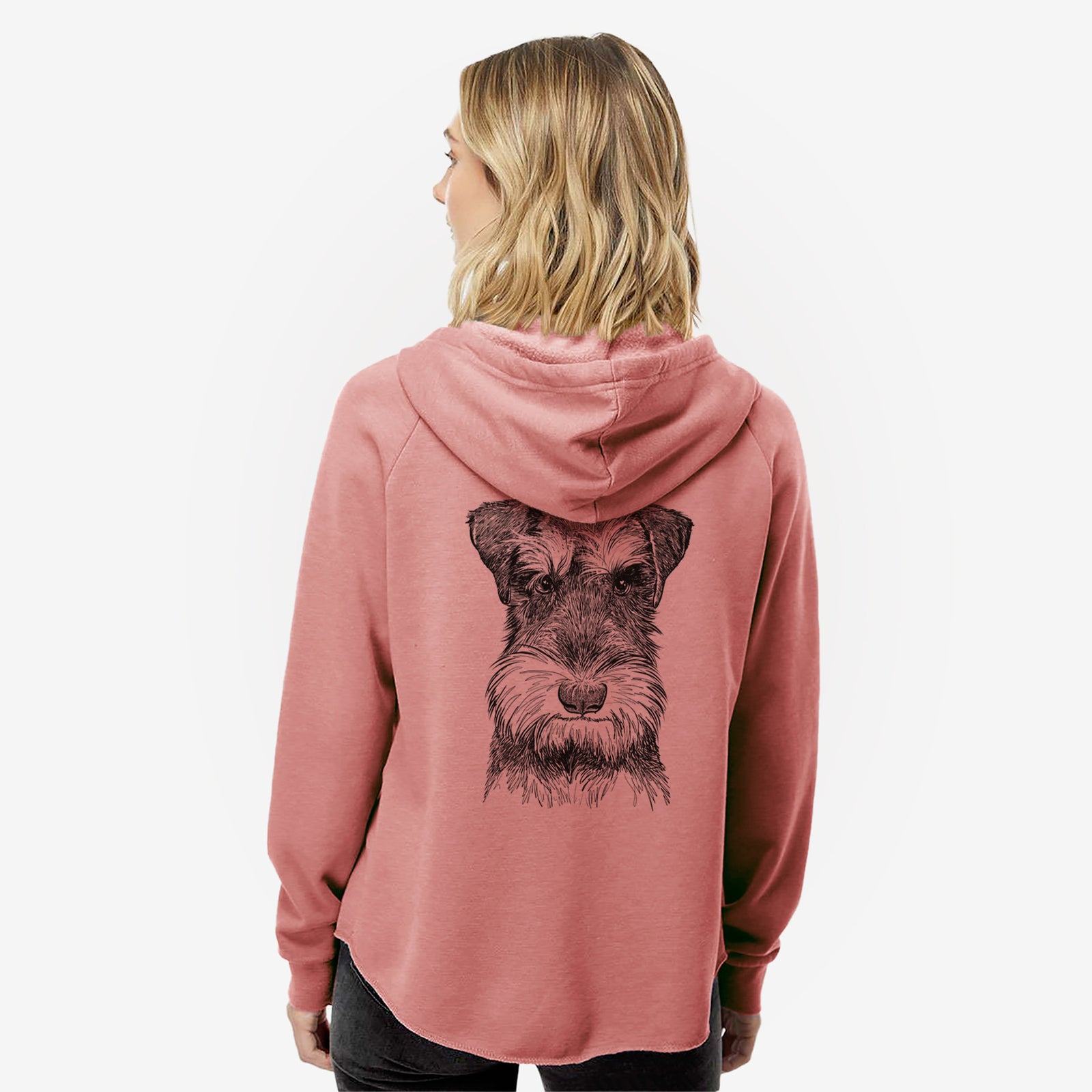 Hand-drawn sketch of Murphy the Mini Schnauzer on a Dusty Rose Women's cali wave zip-up sweatshirt