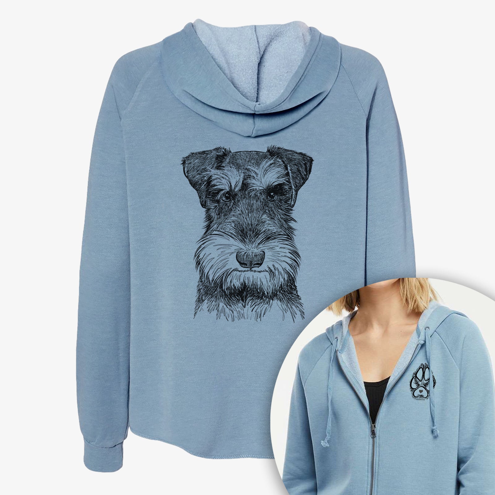 Hand-drawn sketch of Murphy the Mini Schnauzer on a Women's cali wave zip-up sweatshirt, shown with icons of the other available costume styles