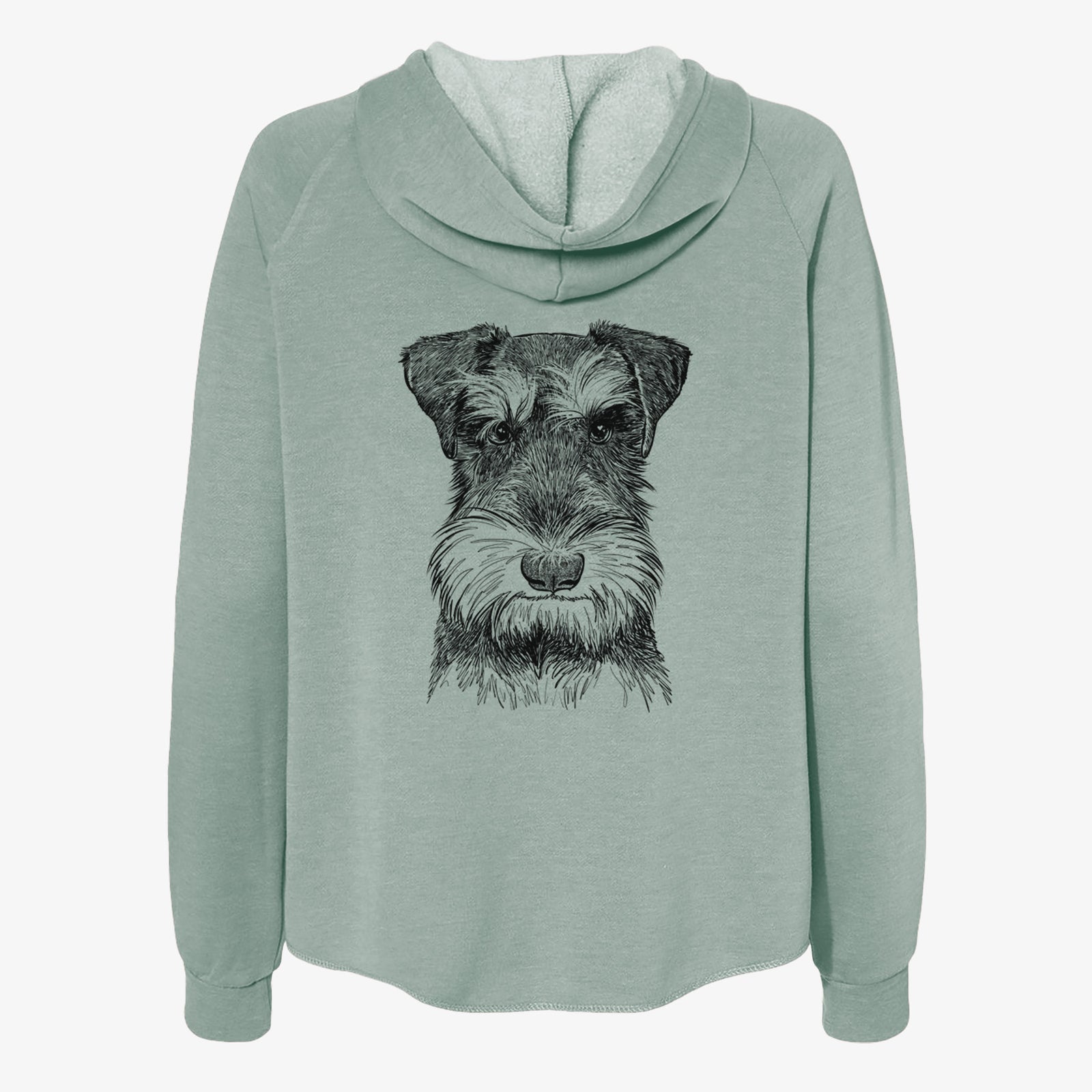 Hand-drawn sketch of Murphy the Mini Schnauzer on a Sage Women's cali wave zip-up sweatshirt