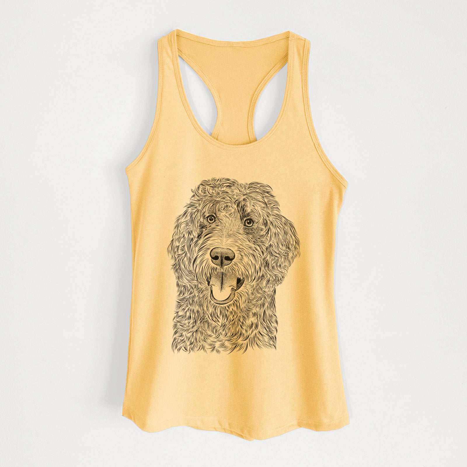 Hand-drawn sketch of Murr Dog the Labradoodle on a Banana Cream Women's racerback tanktop