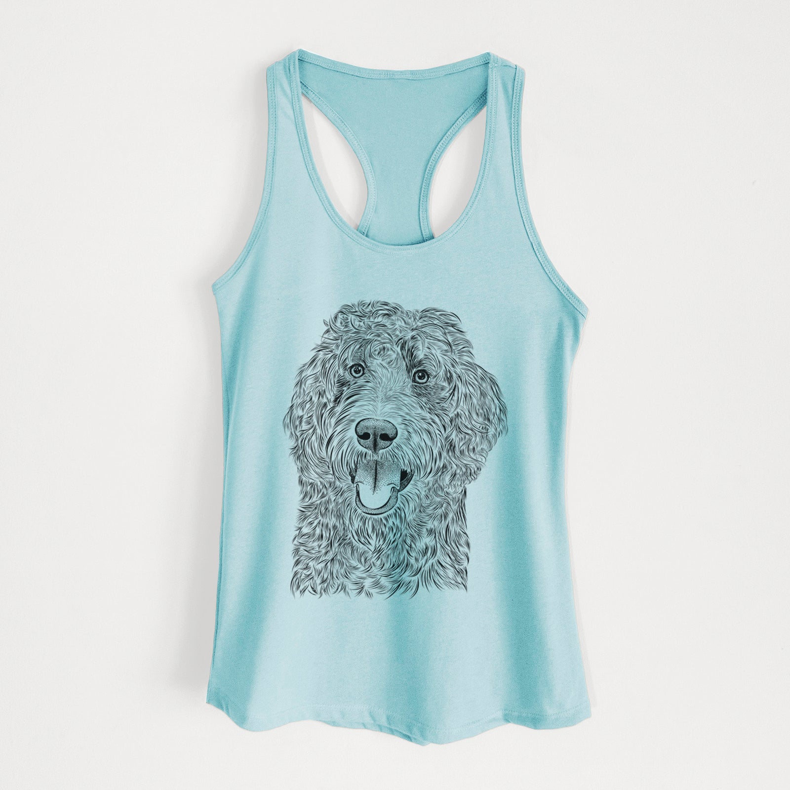 Hand-drawn sketch of Murr Dog the Labradoodle on a Cancun Blue Women's racerback tanktop
