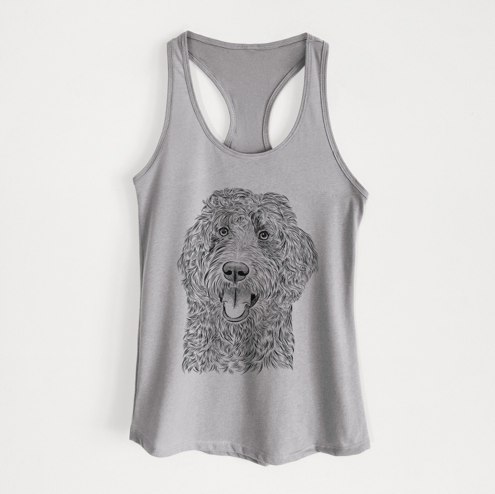 Hand-drawn sketch of Murr Dog the Labradoodle on a Heather Grey Women's racerback tanktop