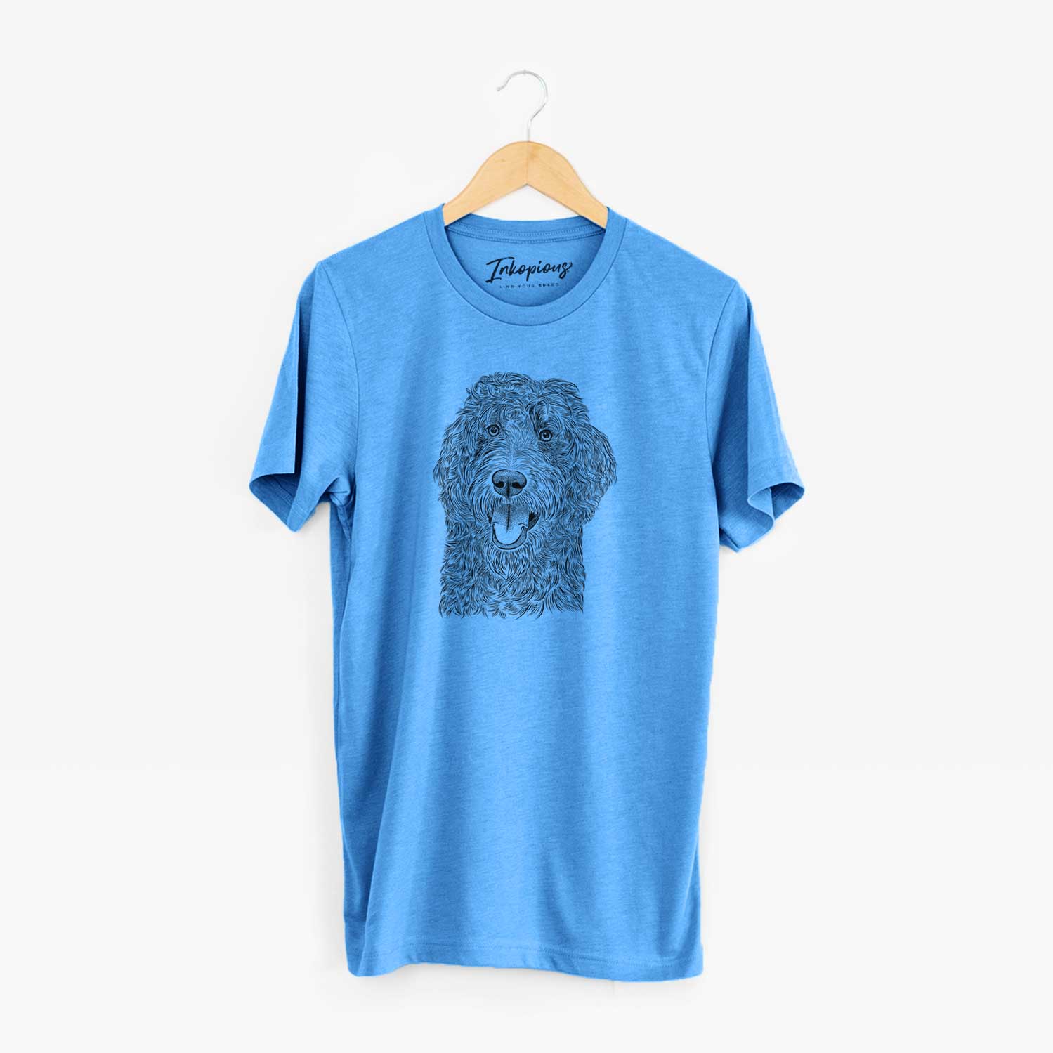 Hand-drawn sketch of Murr Dog the Labradoodle on a Blue Unisex crewneck