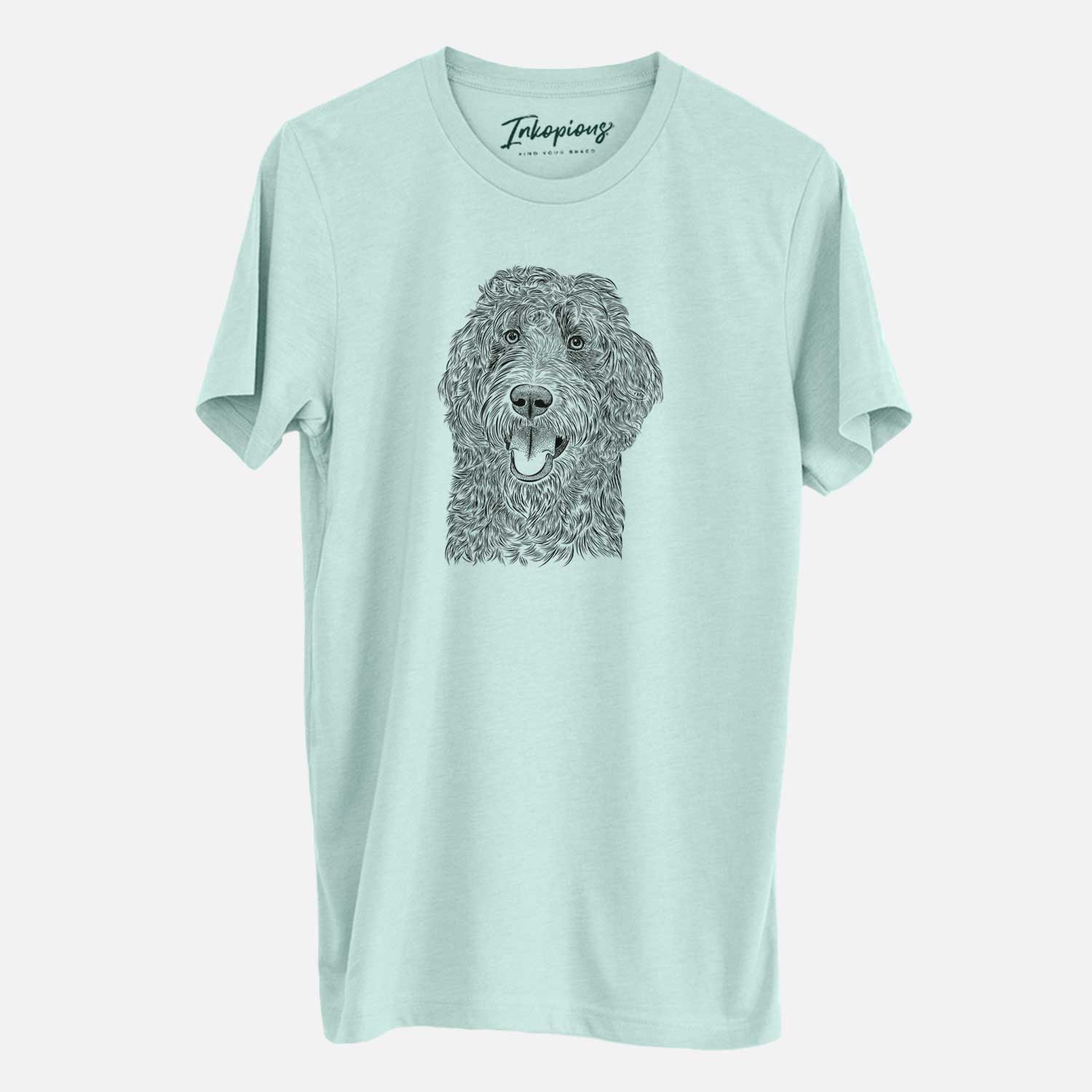Hand-drawn sketch of Murr Dog the Labradoodle on a Heather Sage Unisex crewneck