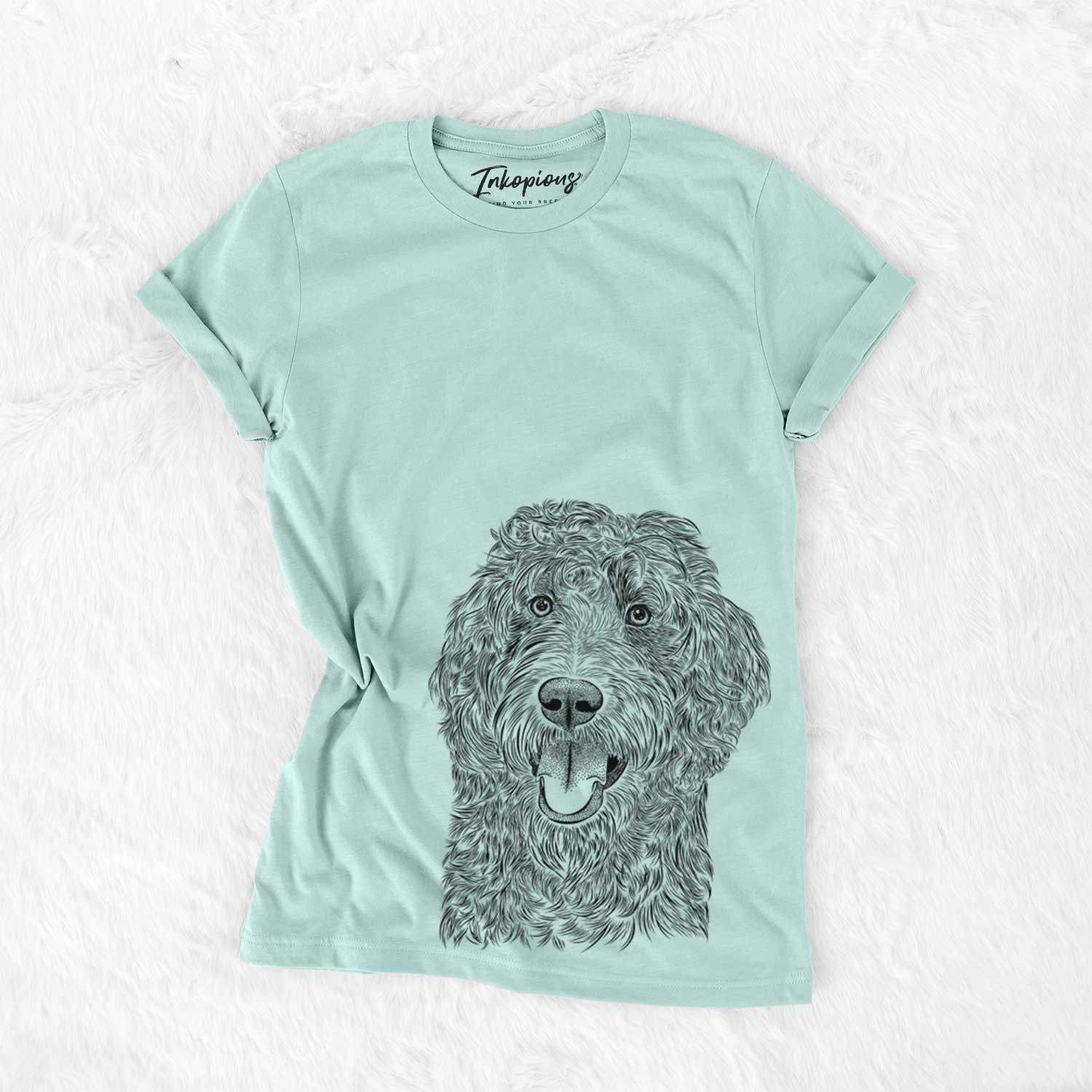 Hand-drawn sketch of Murr Dog the Labradoodle on a Heather Sage Unisex crewneck