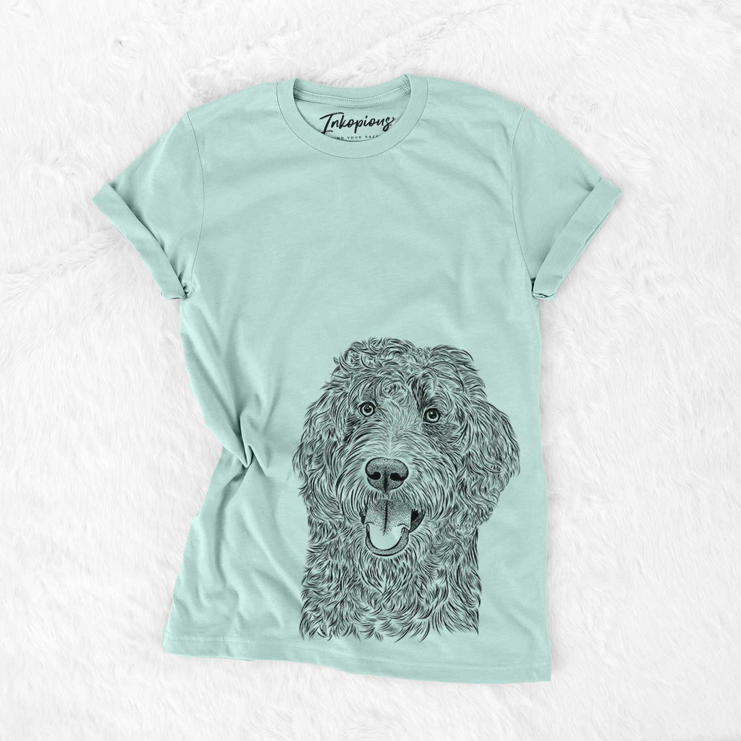 Hand-drawn sketch of Murr Dog the Labradoodle on a Heather Sage Bella Canvas Unisex Crewneck