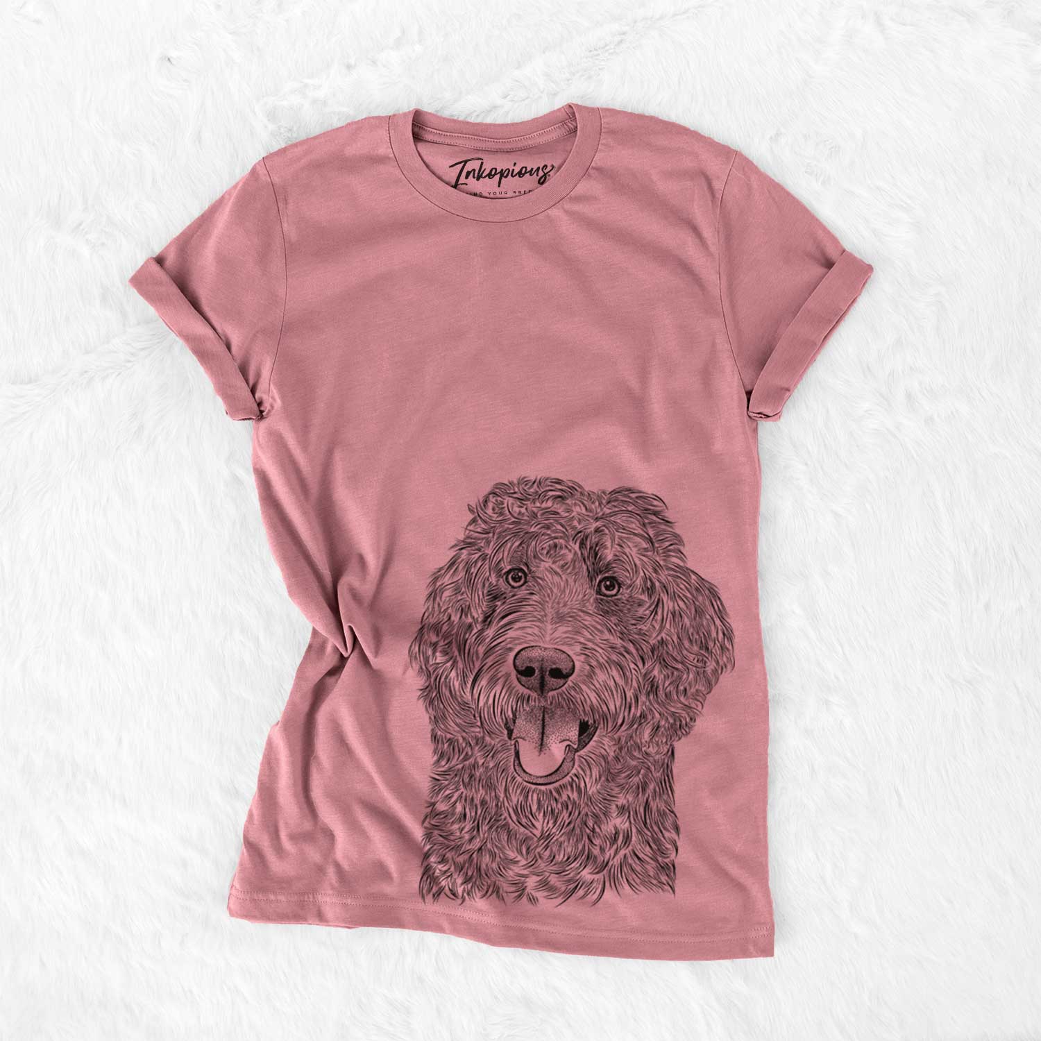 Hand-drawn sketch of Murr Dog the Labradoodle on a Mauve Unisex crewneck