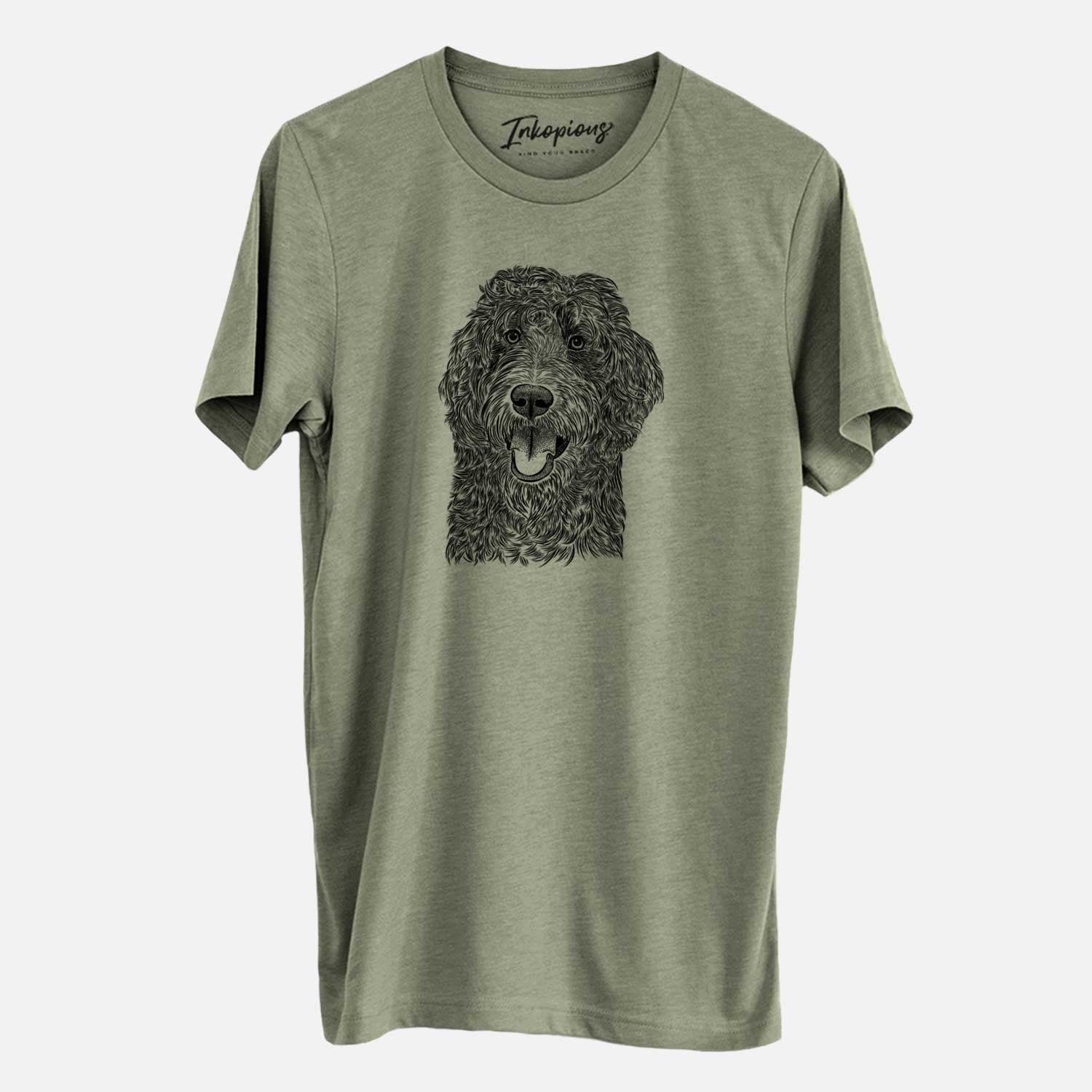 Hand-drawn sketch of Murr Dog the Labradoodle on an Olive Unisex crewneck
