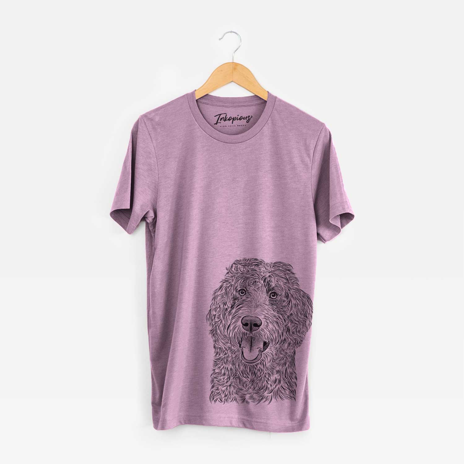 Hand-drawn sketch of Murr Dog the Labradoodle on an Orchid Bella Canvas Unisex Crewneck