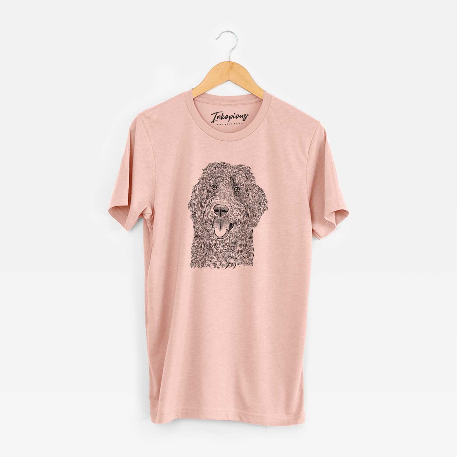 Hand-drawn sketch of Murr Dog the Labradoodle on a Peach Unisex crewneck