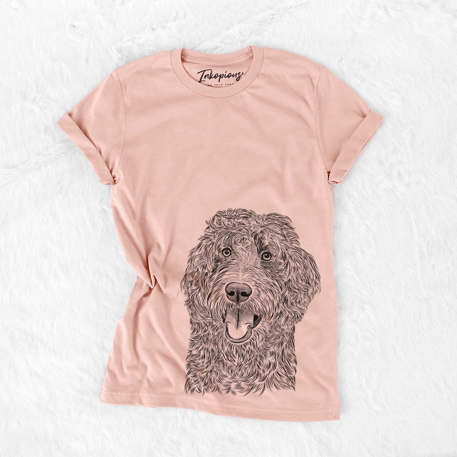 Hand-drawn sketch of Murr Dog the Labradoodle on a Peach Bella Canvas Unisex Crewneck
