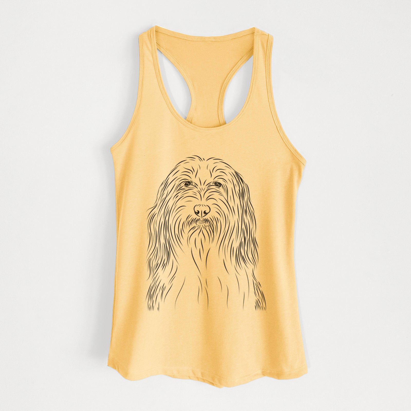 Hand-drawn sketch of Murray the Bearded Collie on a Banana Cream Women's racerback tanktop