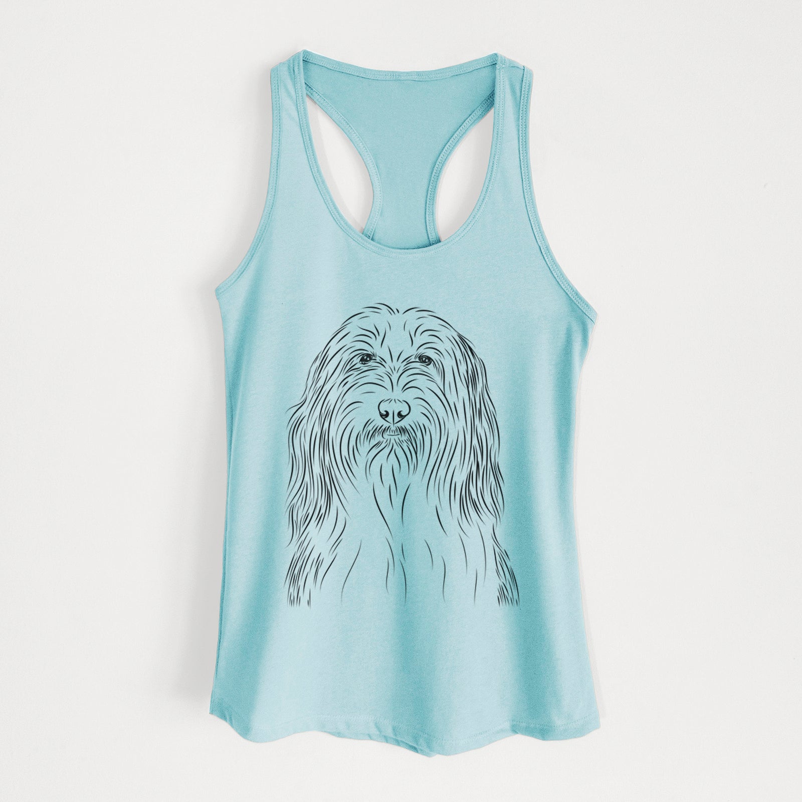 Hand-drawn sketch of Murray the Bearded Collie on a Cancun Blue Women's racerback tanktop