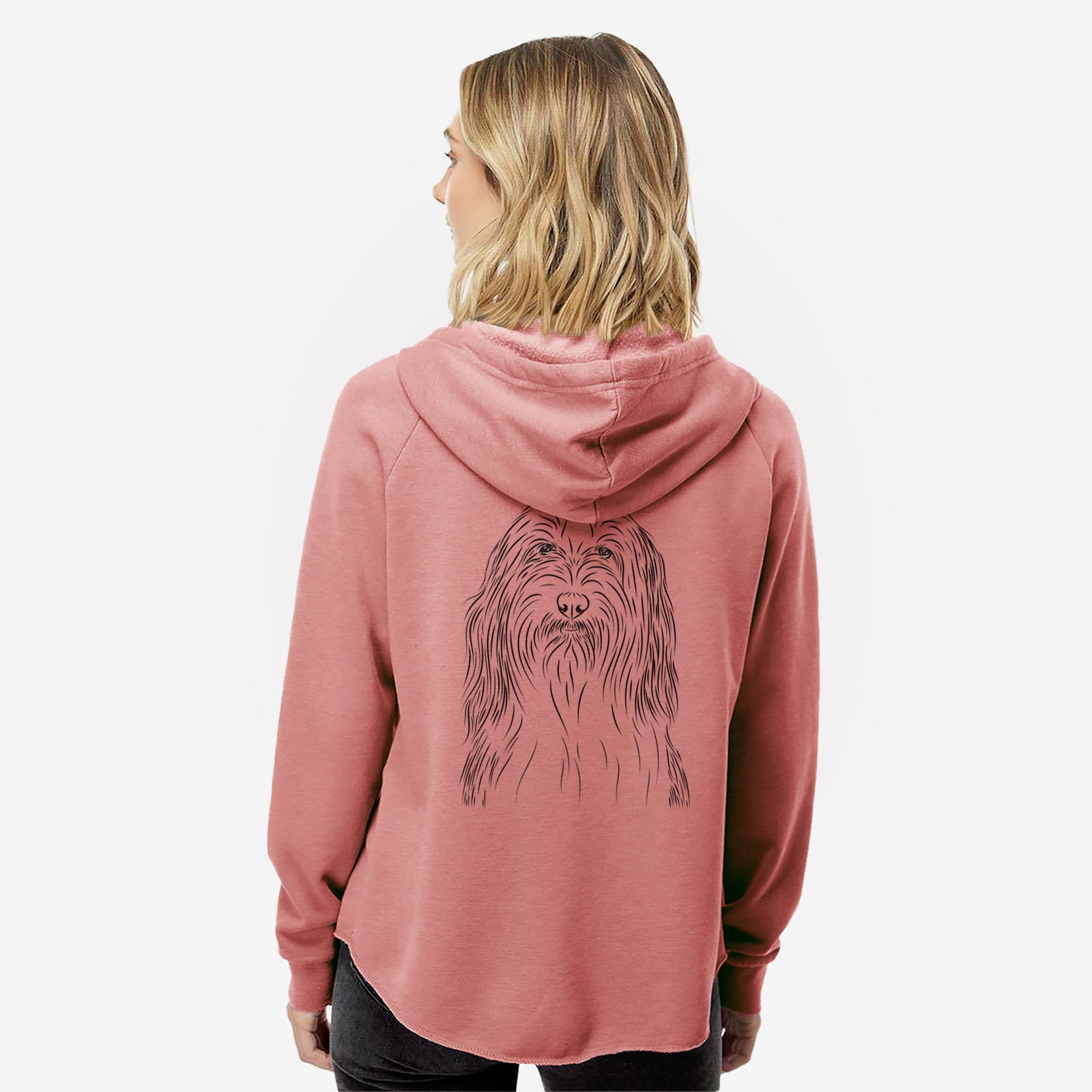 Hand-drawn sketch of Murray the Bearded Collie on a Dusty Rose Women's cali wave zip-up sweatshirt