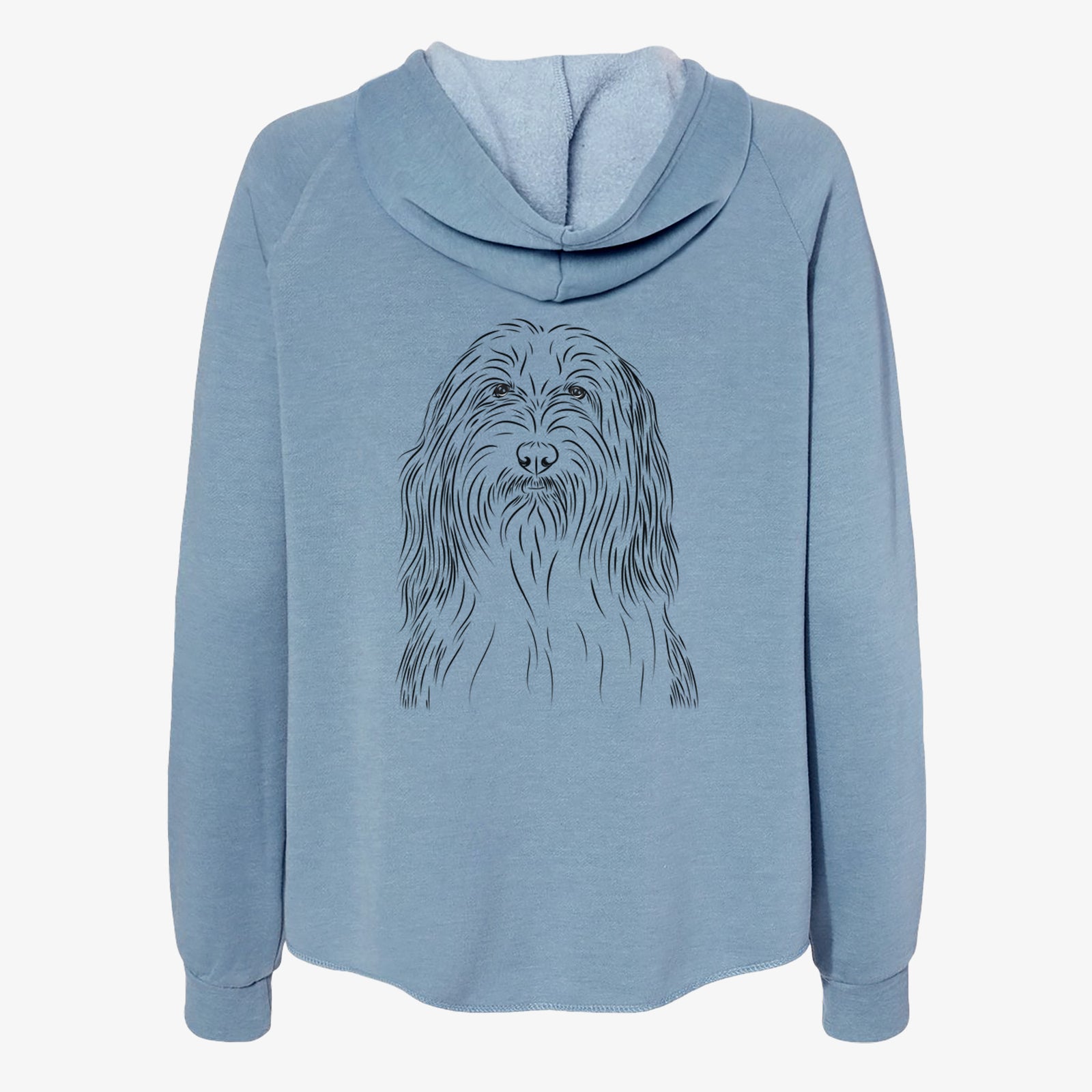 Hand-drawn sketch of Murray the Bearded Collie on a Misty Blue Women's cali wave zip-up sweatshirt