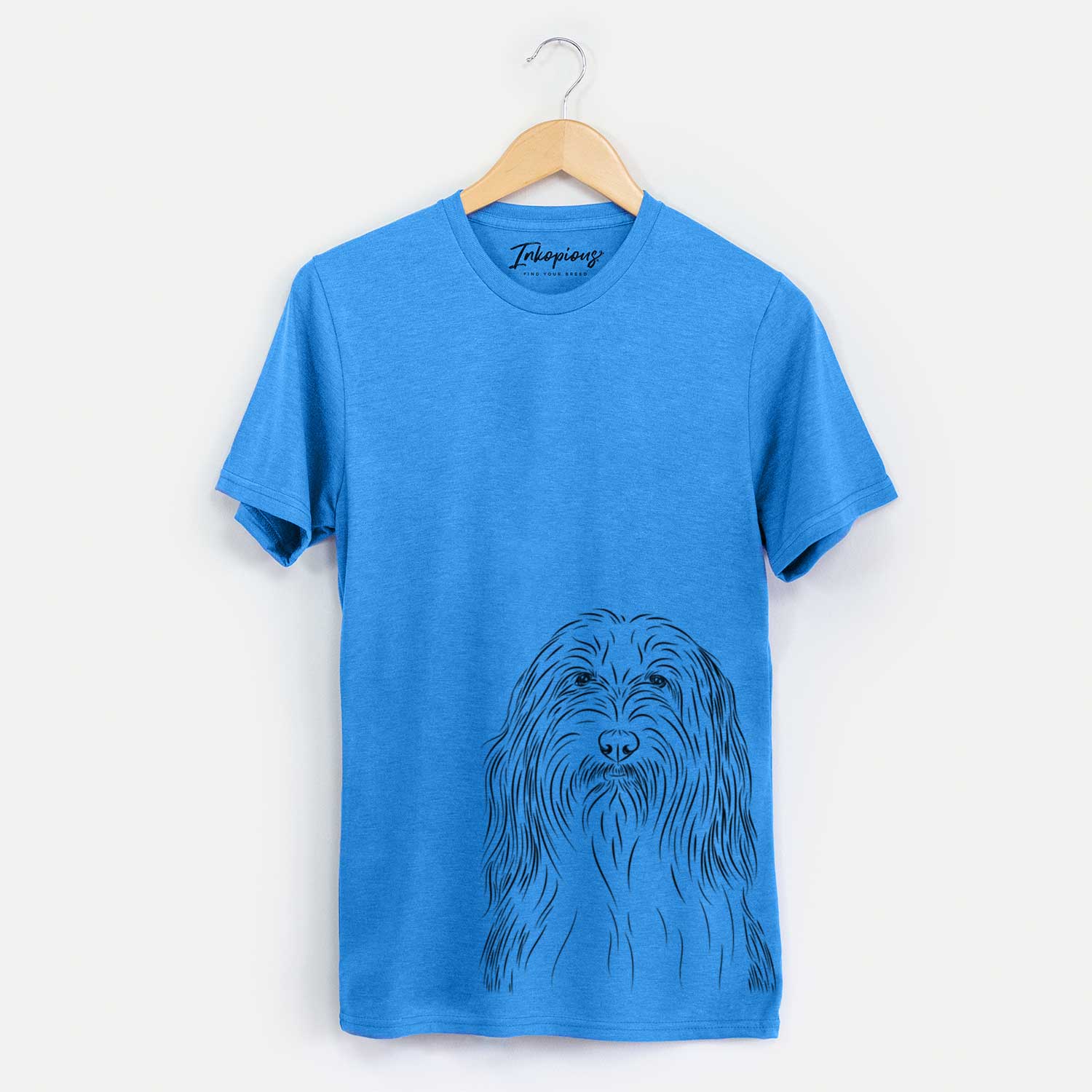 Hand-drawn sketch of Murray the Bearded Collie on a Blue Unisex crewneck