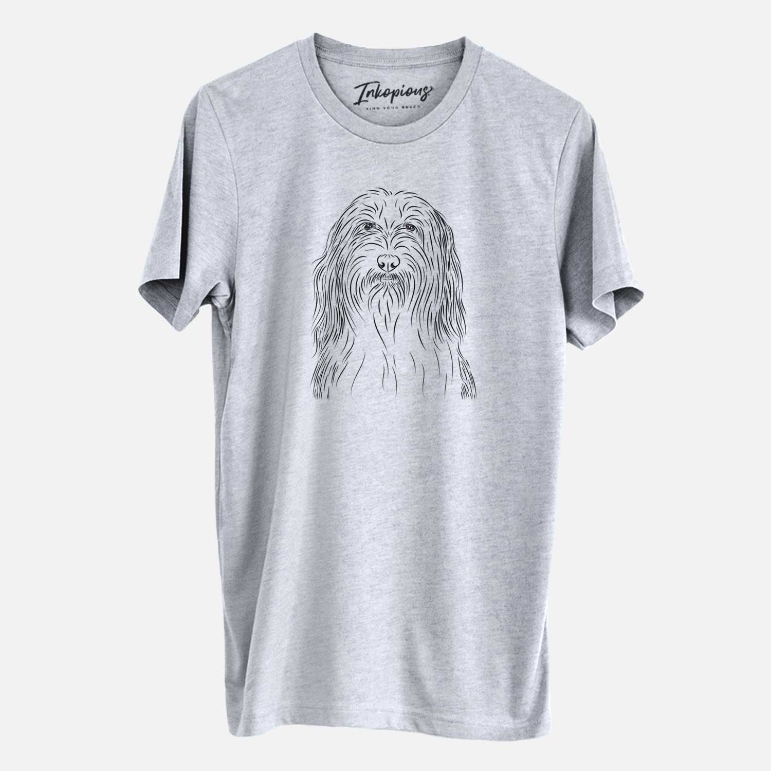 Hand-drawn sketch of Murray the Bearded Collie on a Grey Unisex crewneck