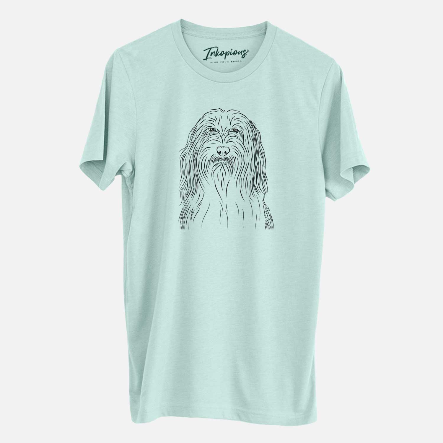 Hand-drawn sketch of Murray the Bearded Collie on a Heather Sage Unisex crewneck