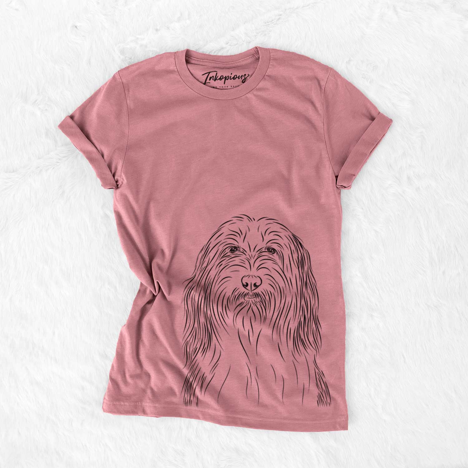 Hand-drawn sketch of Murray the Bearded Collie on a Mauve Unisex crewneck