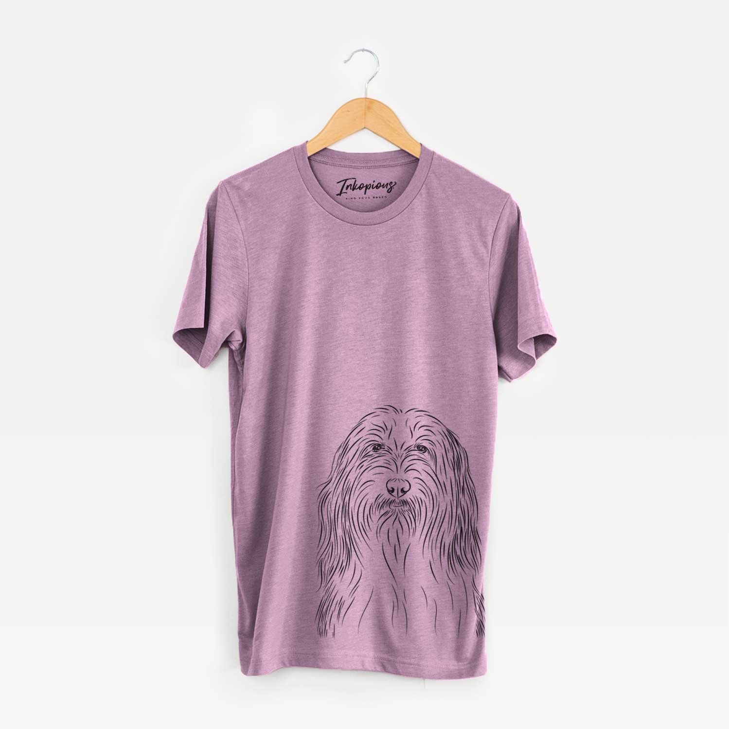 Hand-drawn sketch of Murray the Bearded Collie on an Orchid Unisex crewneck